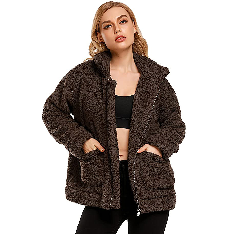 Casual Lapel Fleece Fuzzy Faux Shearling Zipper Coat