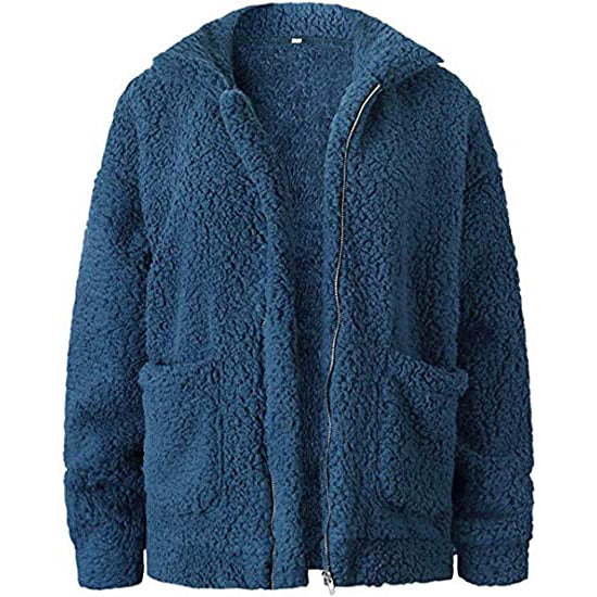 Casual Lapel Fleece Fuzzy Faux Shearling Zipper Coat