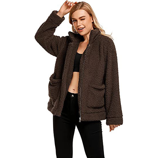 Casual Lapel Fleece Fuzzy Faux Shearling Zipper Coat