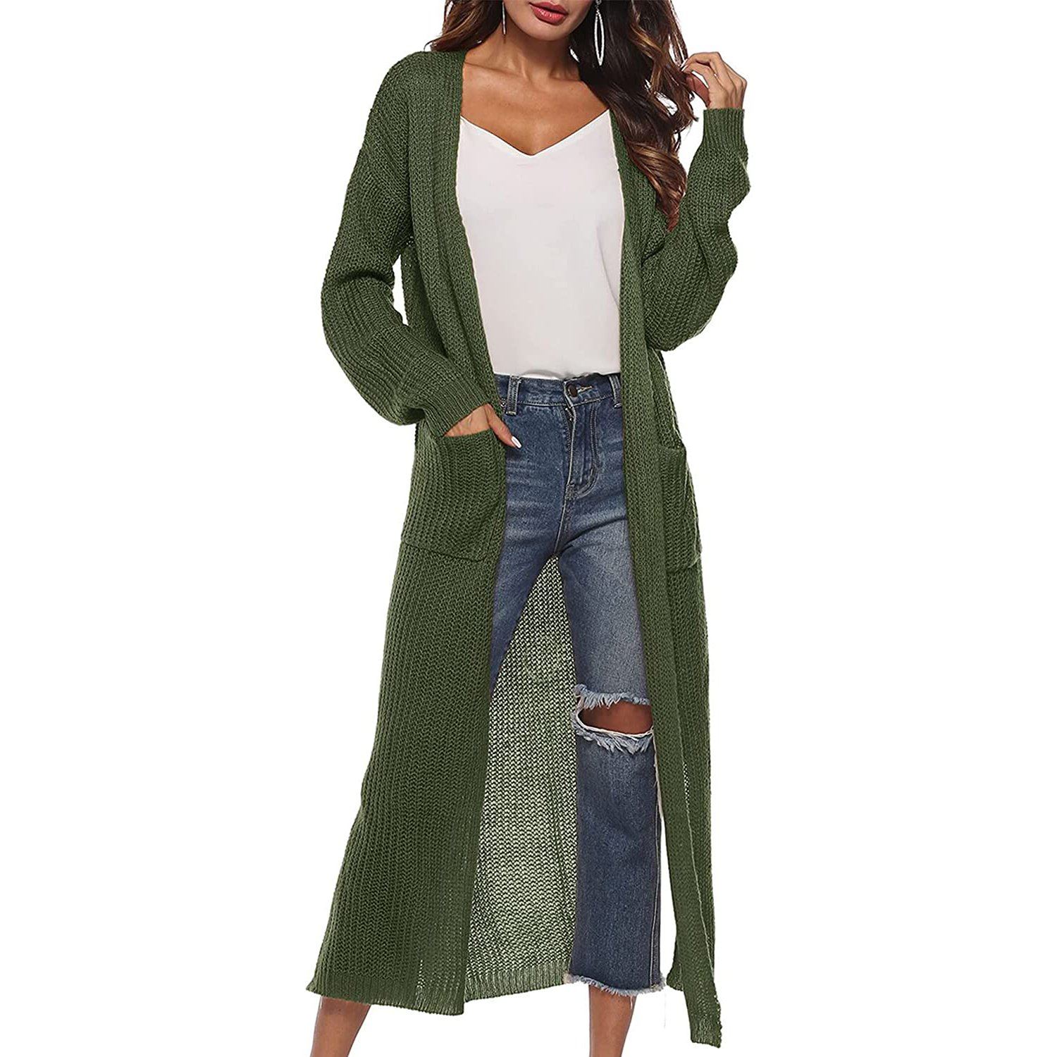Casual Long Sleeve Split Open Cardigan Knit Long Cardigan Sweaters with Pockets