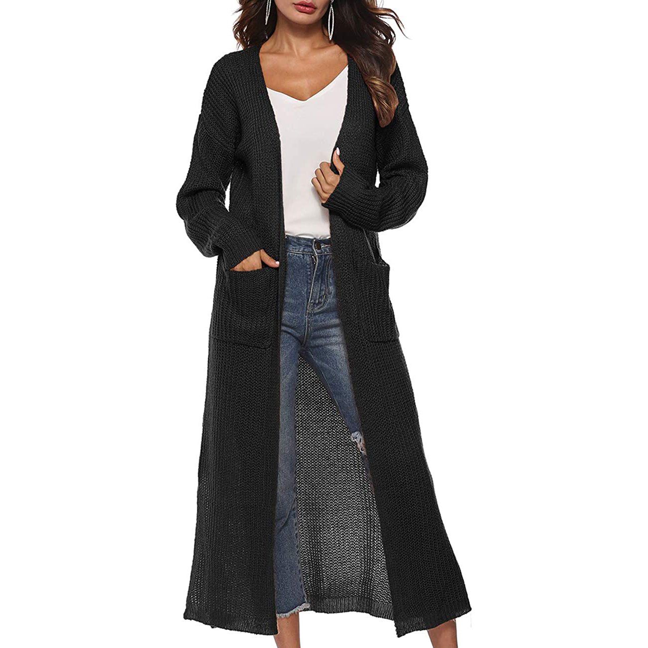 Casual Long Sleeve Split Open Cardigan Knit Long Cardigan Sweaters with Pockets