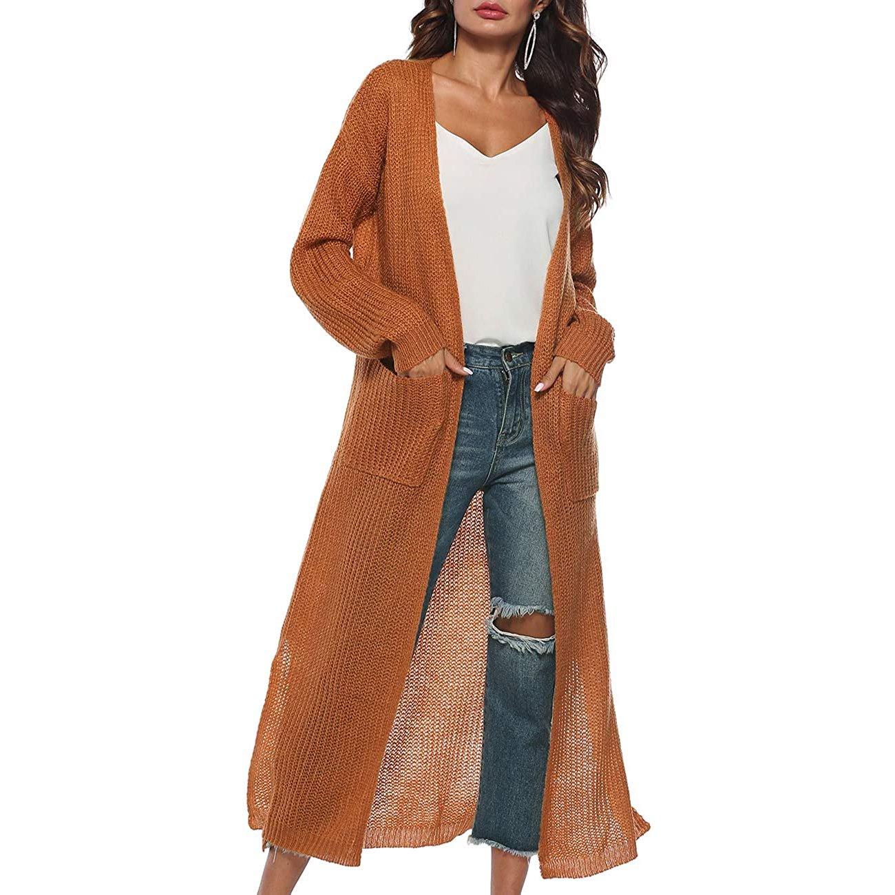 Casual Long Sleeve Split Open Cardigan Knit Long Cardigan Sweaters with Pockets