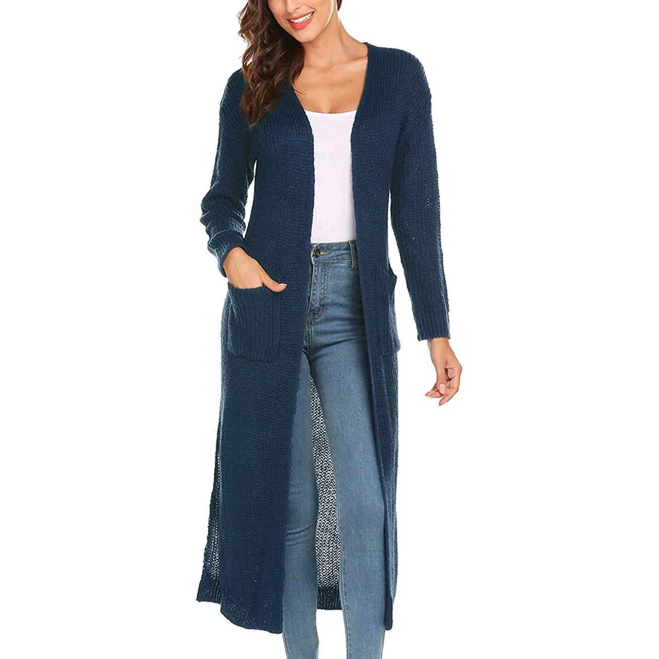 Casual Long Sleeve Split Open Cardigan Knit Long Cardigan Sweaters with Pockets