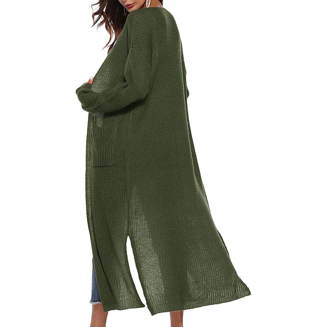 Casual Long Sleeve Split Open Cardigan Knit Long Cardigan Sweaters with Pockets