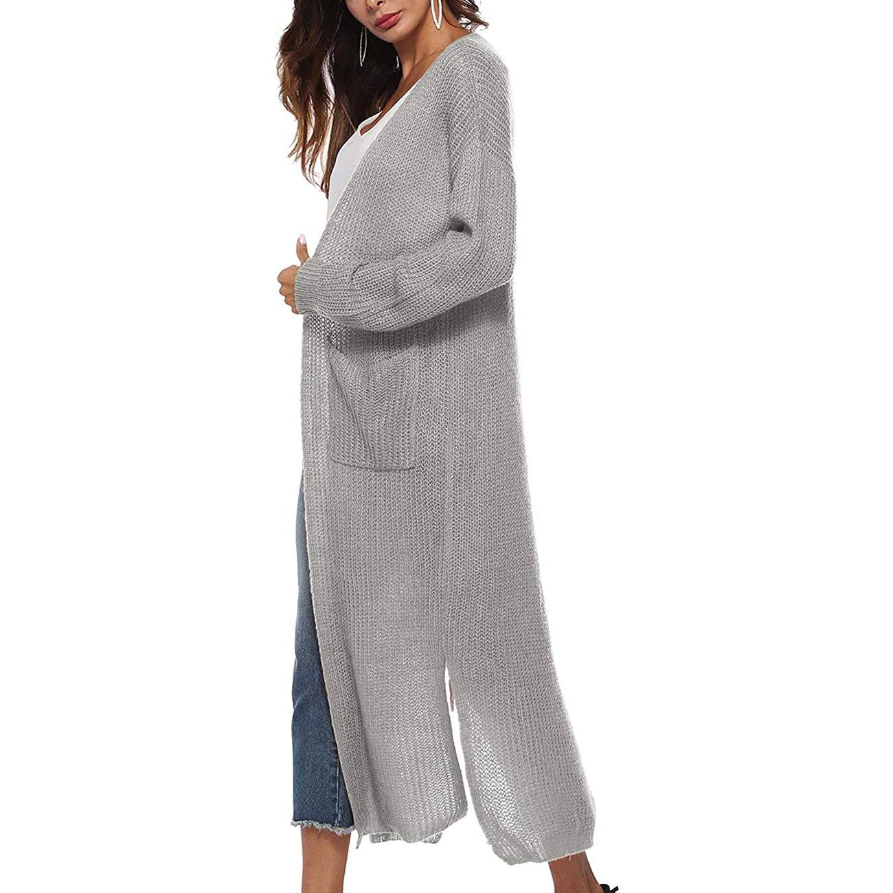 Casual Long Sleeve Split Open Cardigan Knit Long Cardigan Sweaters with Pockets