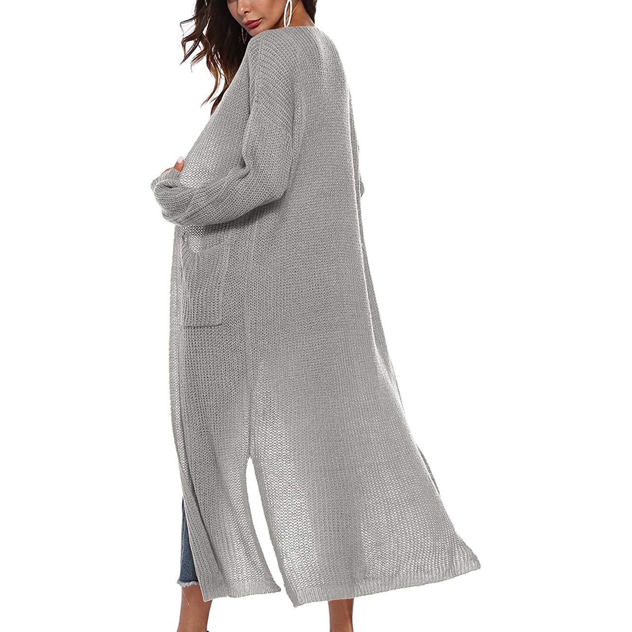 Casual Long Sleeve Split Open Cardigan Knit Long Cardigan Sweaters with Pockets