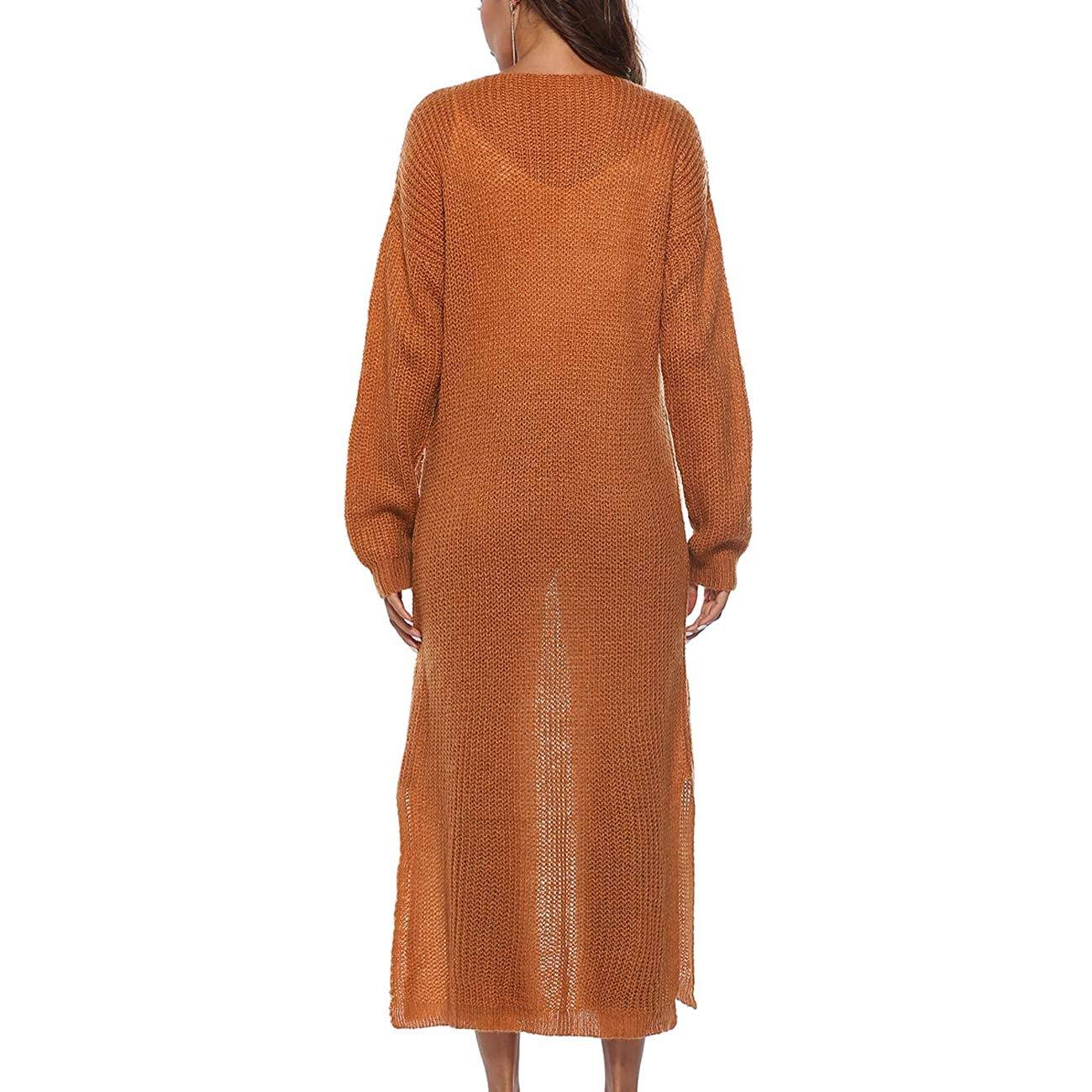 Casual Long Sleeve Split Open Cardigan Knit Long Cardigan Sweaters with Pockets
