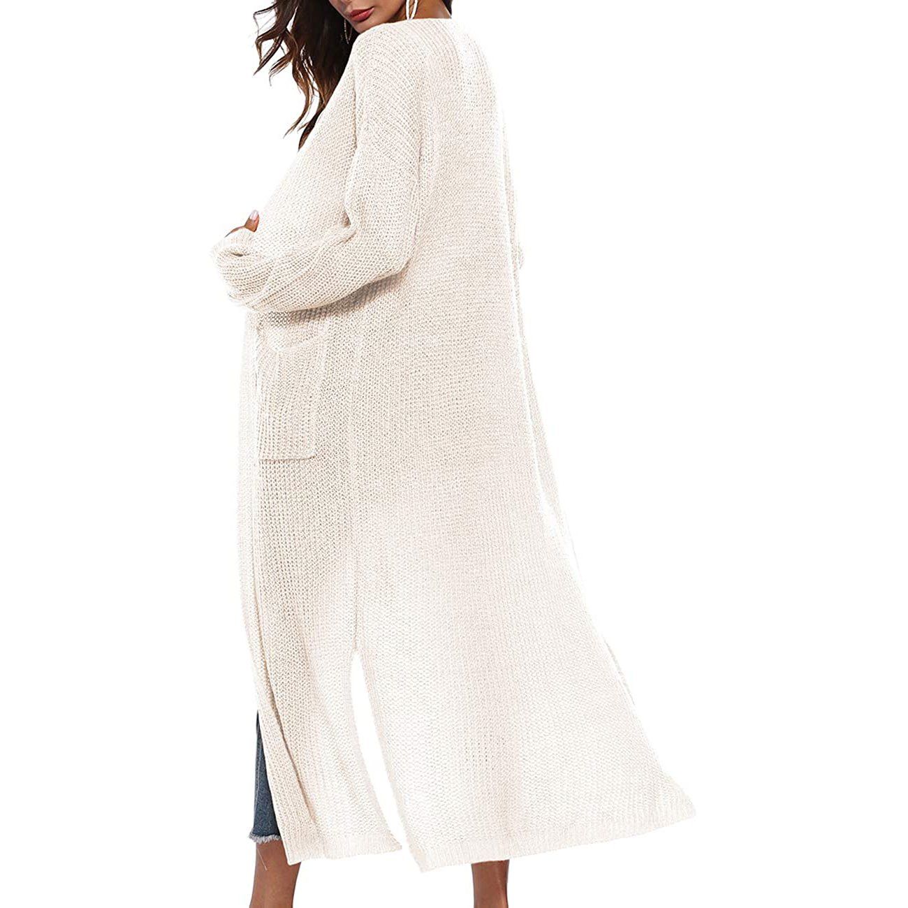 Casual Long Sleeve Split Open Cardigan Knit Long Cardigan Sweaters with Pockets