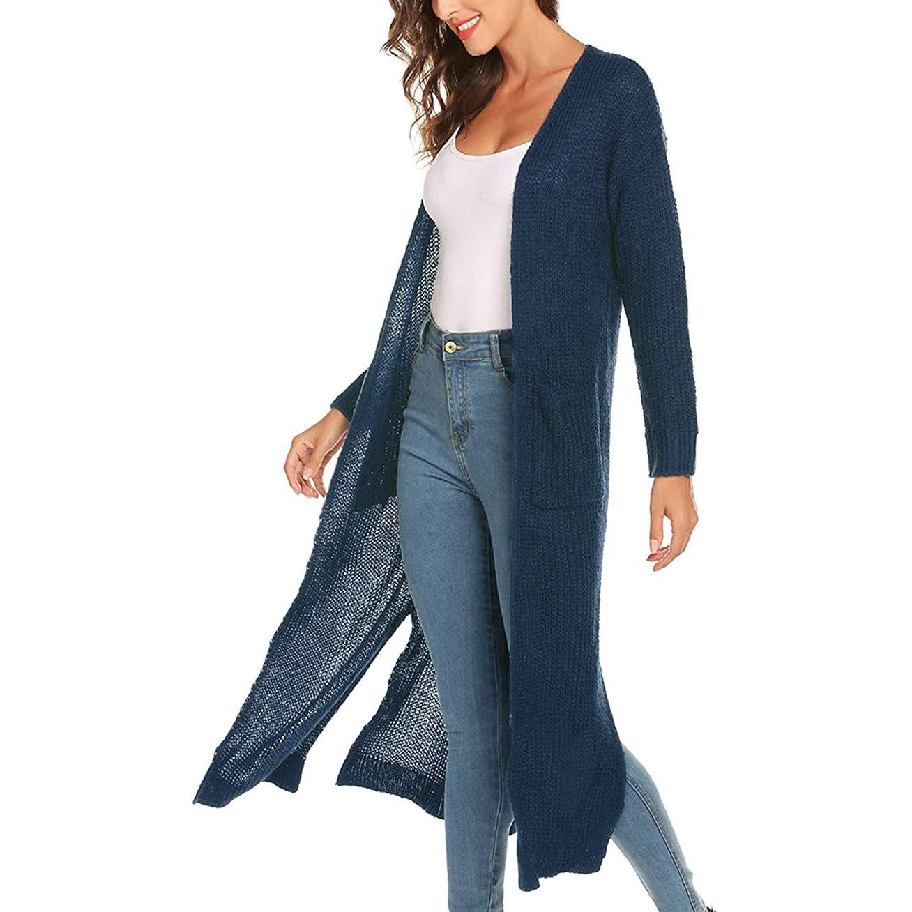 Casual Long Sleeve Split Open Cardigan Knit Long Cardigan Sweaters with Pockets