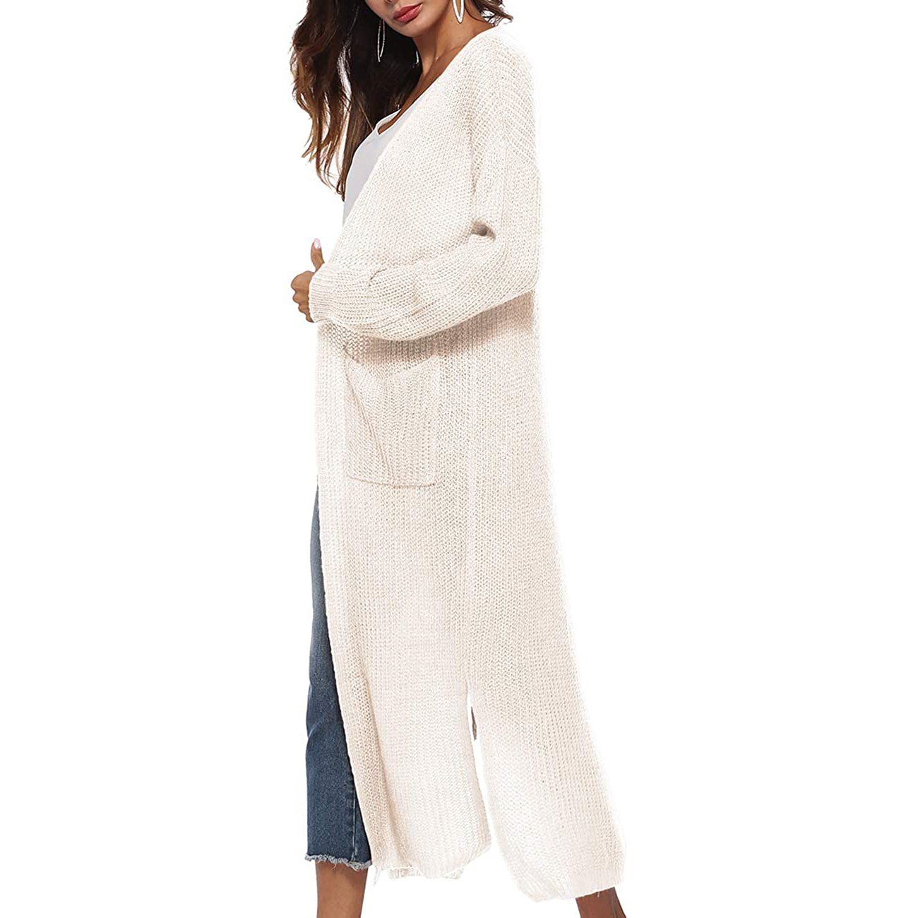 Casual Long Sleeve Split Open Cardigan Knit Long Cardigan Sweaters with Pockets