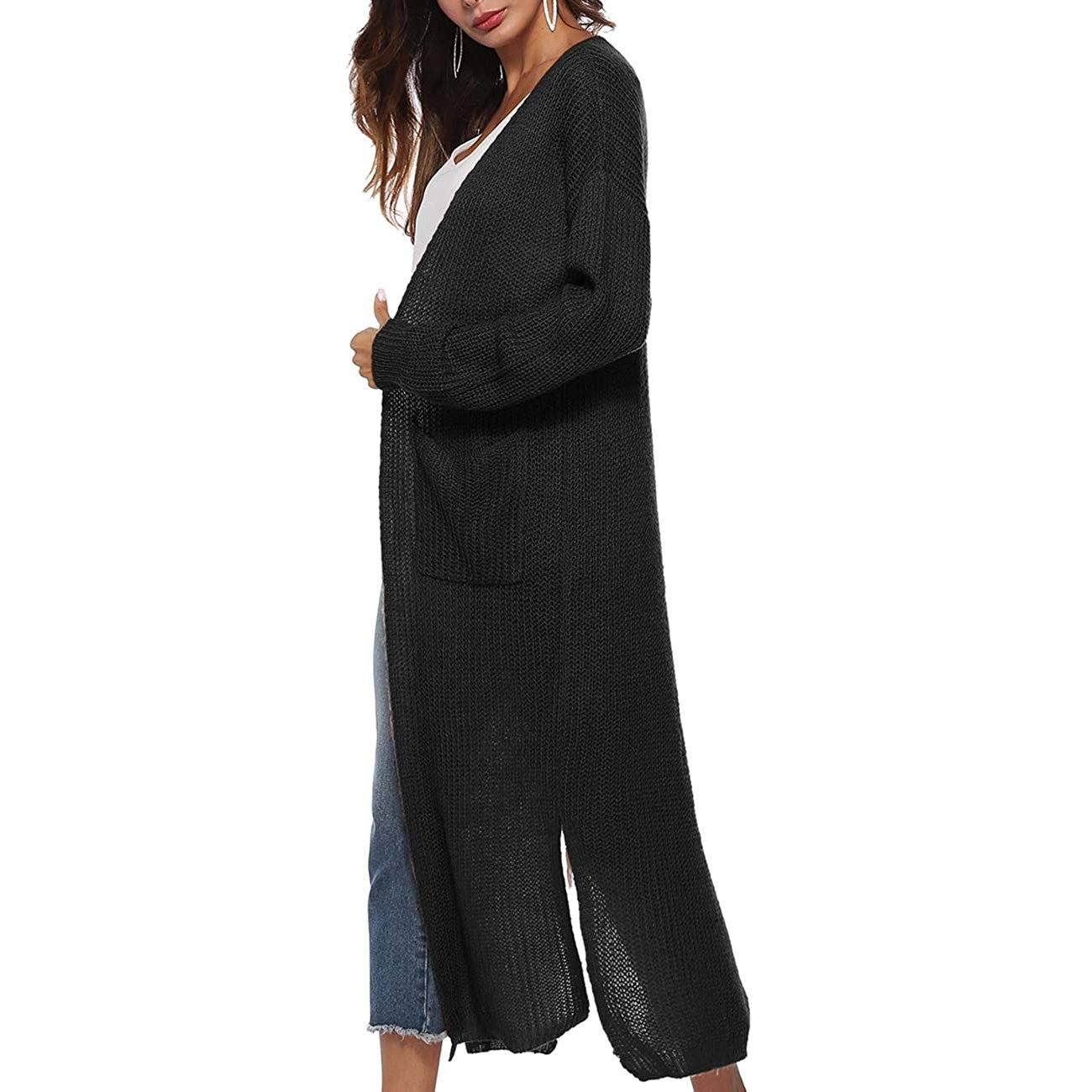 Casual Long Sleeve Split Open Cardigan Knit Long Cardigan Sweaters with Pockets