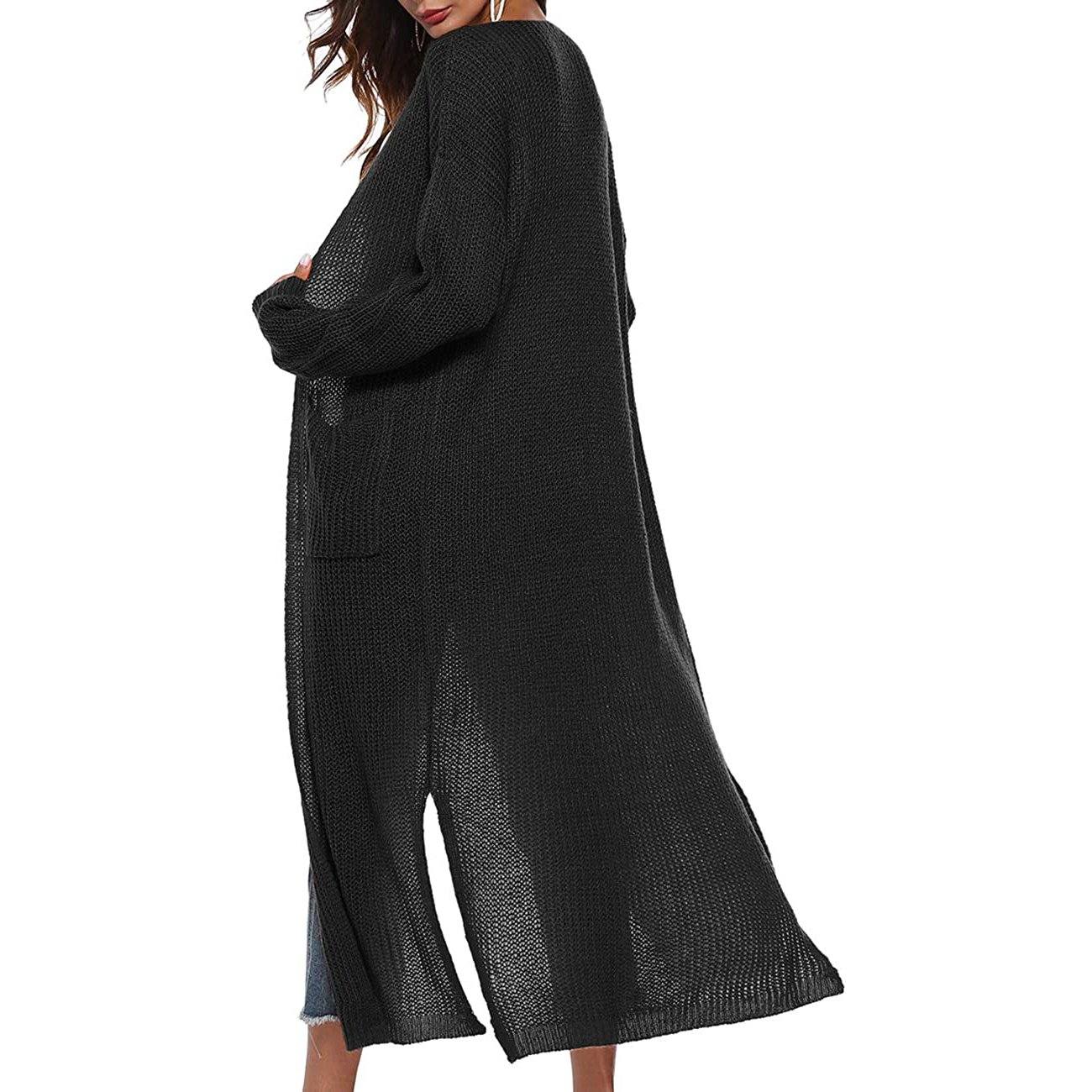 Casual Long Sleeve Split Open Cardigan Knit Long Cardigan Sweaters with Pockets