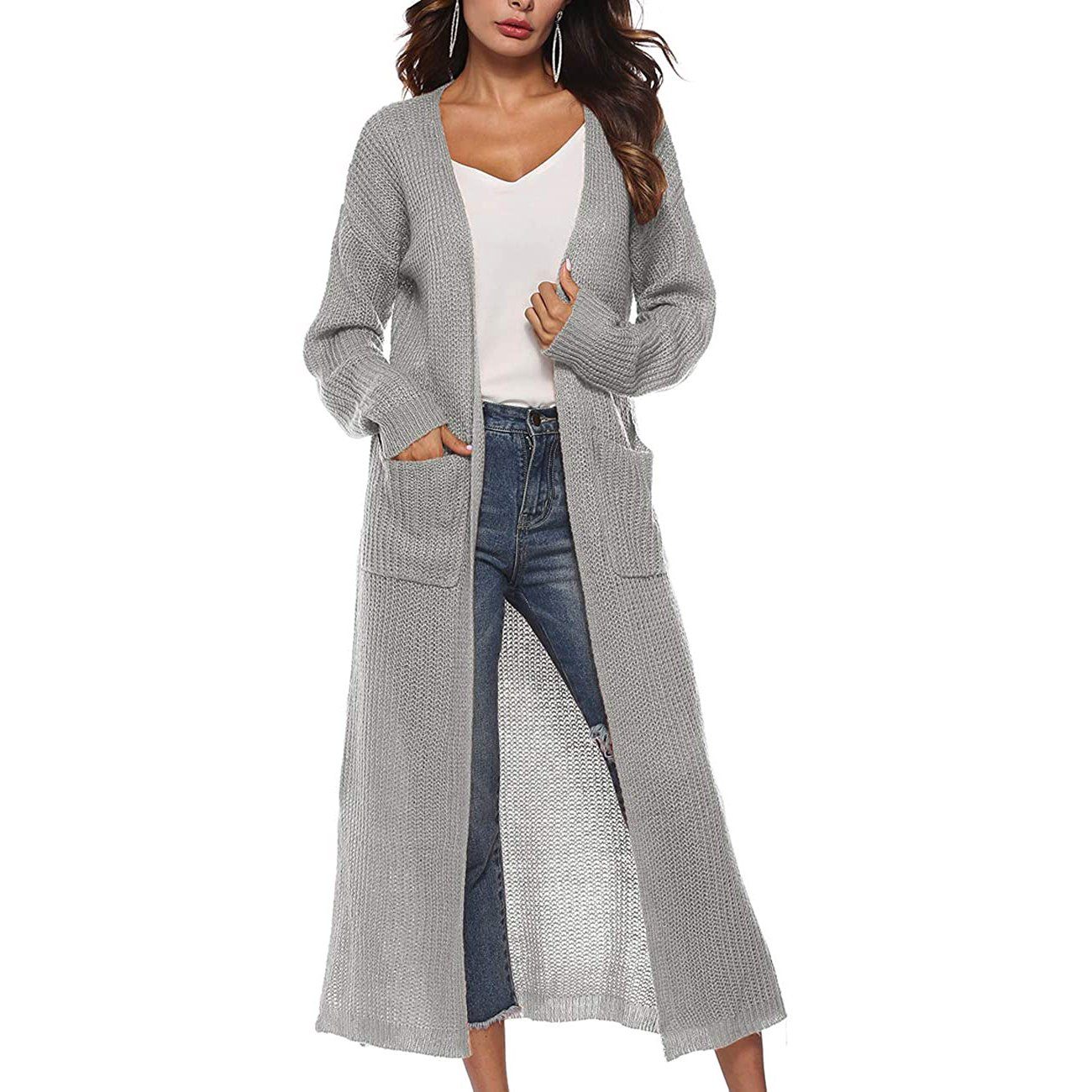 Casual Long Sleeve Split Open Cardigan Knit Long Cardigan Sweaters with Pockets