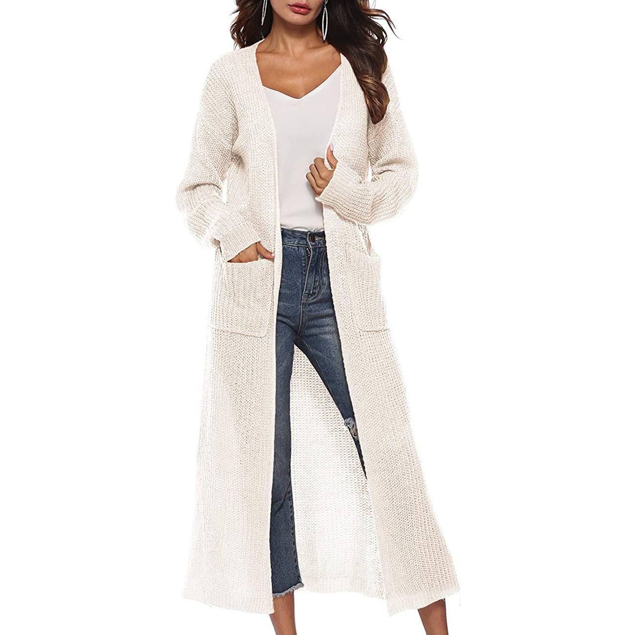 Casual Long Sleeve Split Open Cardigan Knit Long Cardigan Sweaters with Pockets