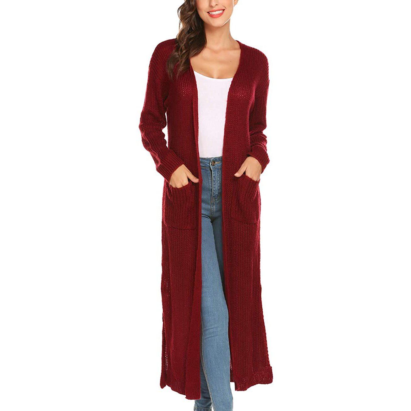 Casual Long Sleeve Split Open Cardigan Knit Long Cardigan Sweaters with Pockets