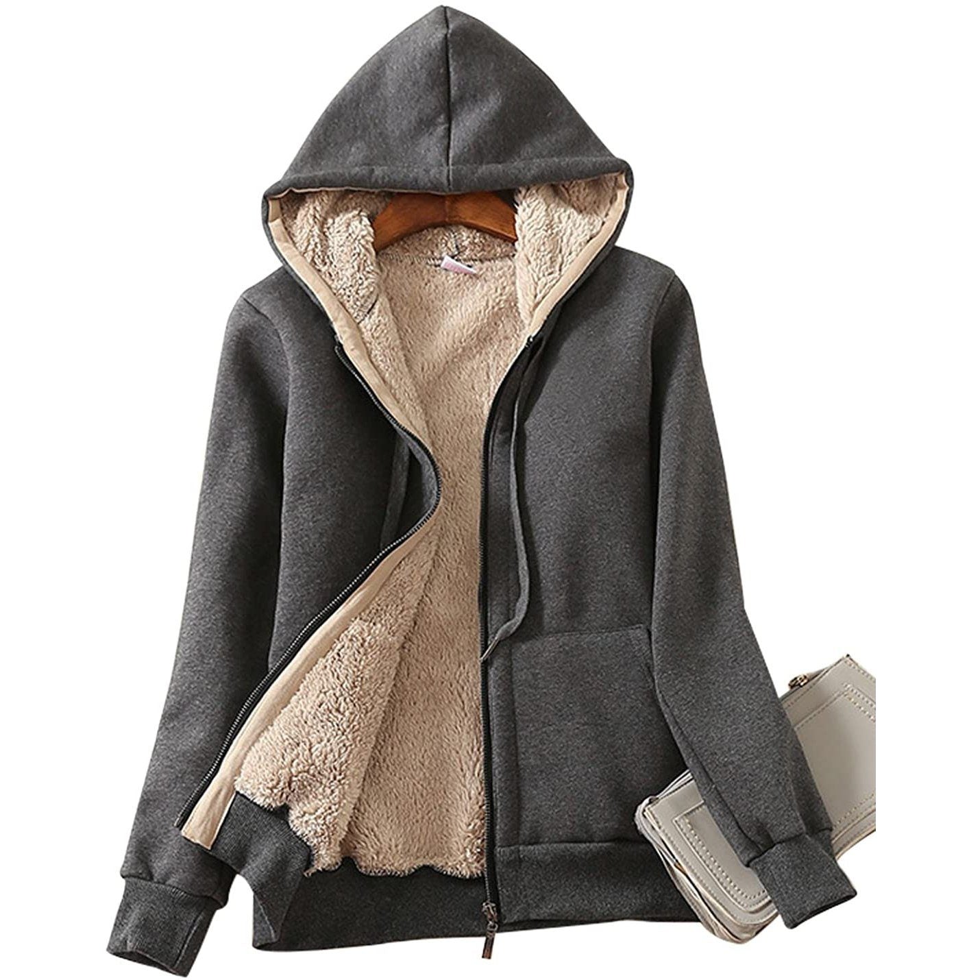 Casual Winter Warm Sherpa Lined Zip Up Hooded Sweatshirt Jacket
