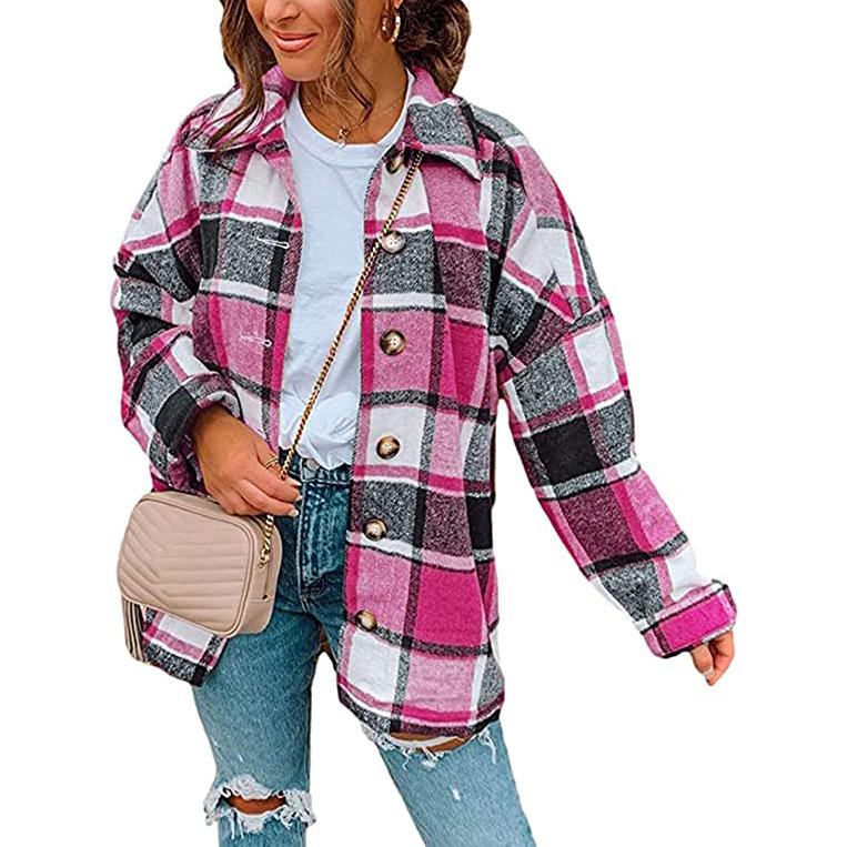 Casual Woolen Long Sleeve Button Down Plaid Jacket