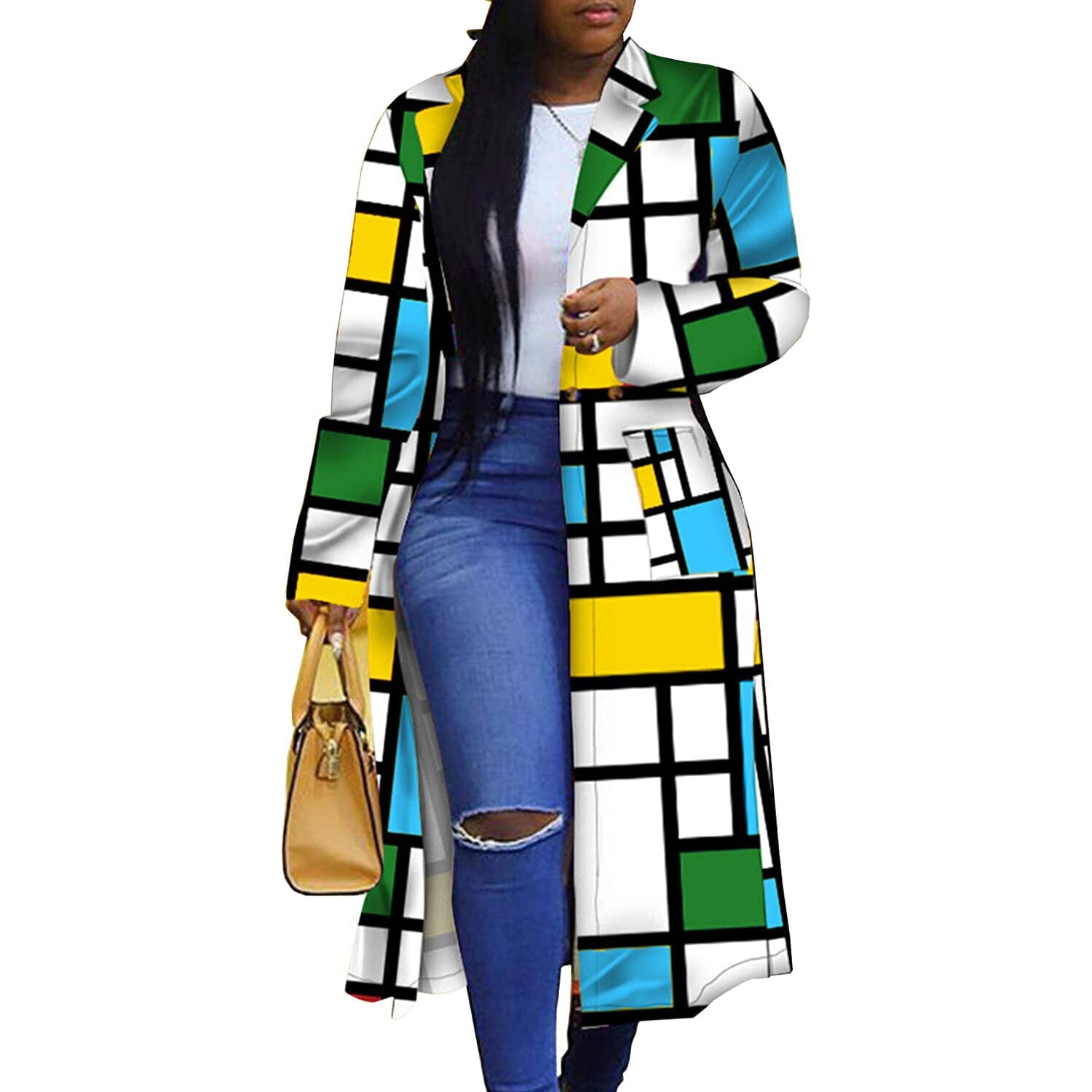 Colored Geo Turn Down Collar Trench Coat