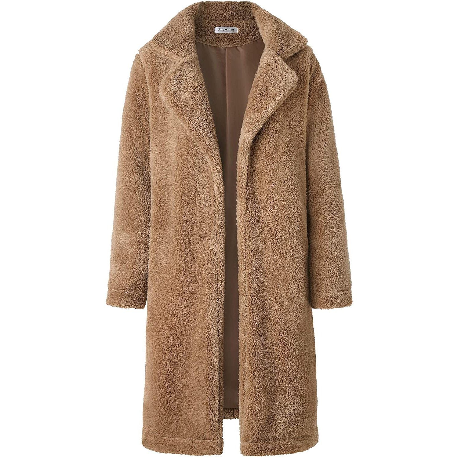 Fuzzy Fleece Lapel Open Front Long Cardigan Coat