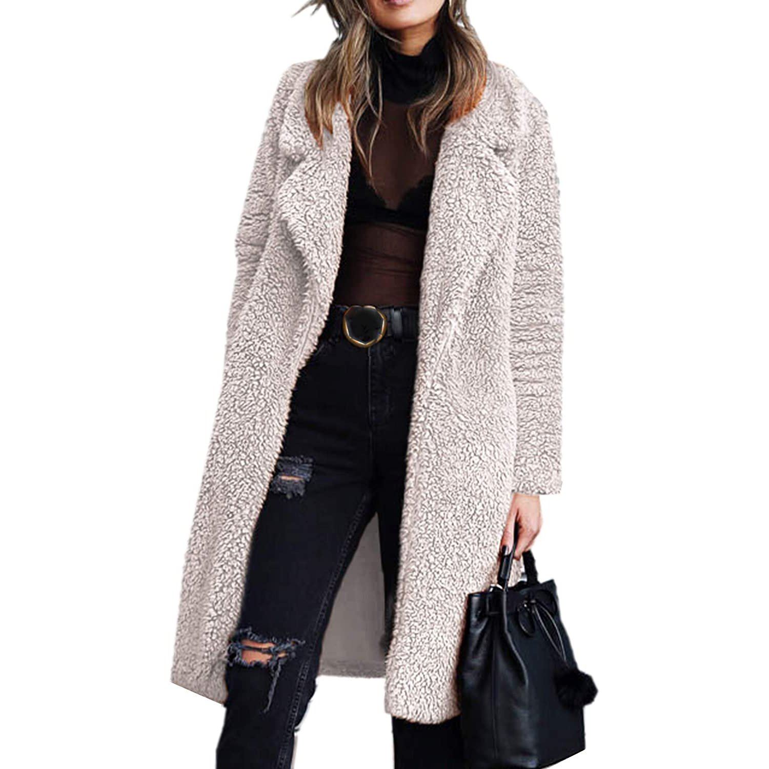 Fuzzy Fleece Lapel Open Front Long Cardigan Coat