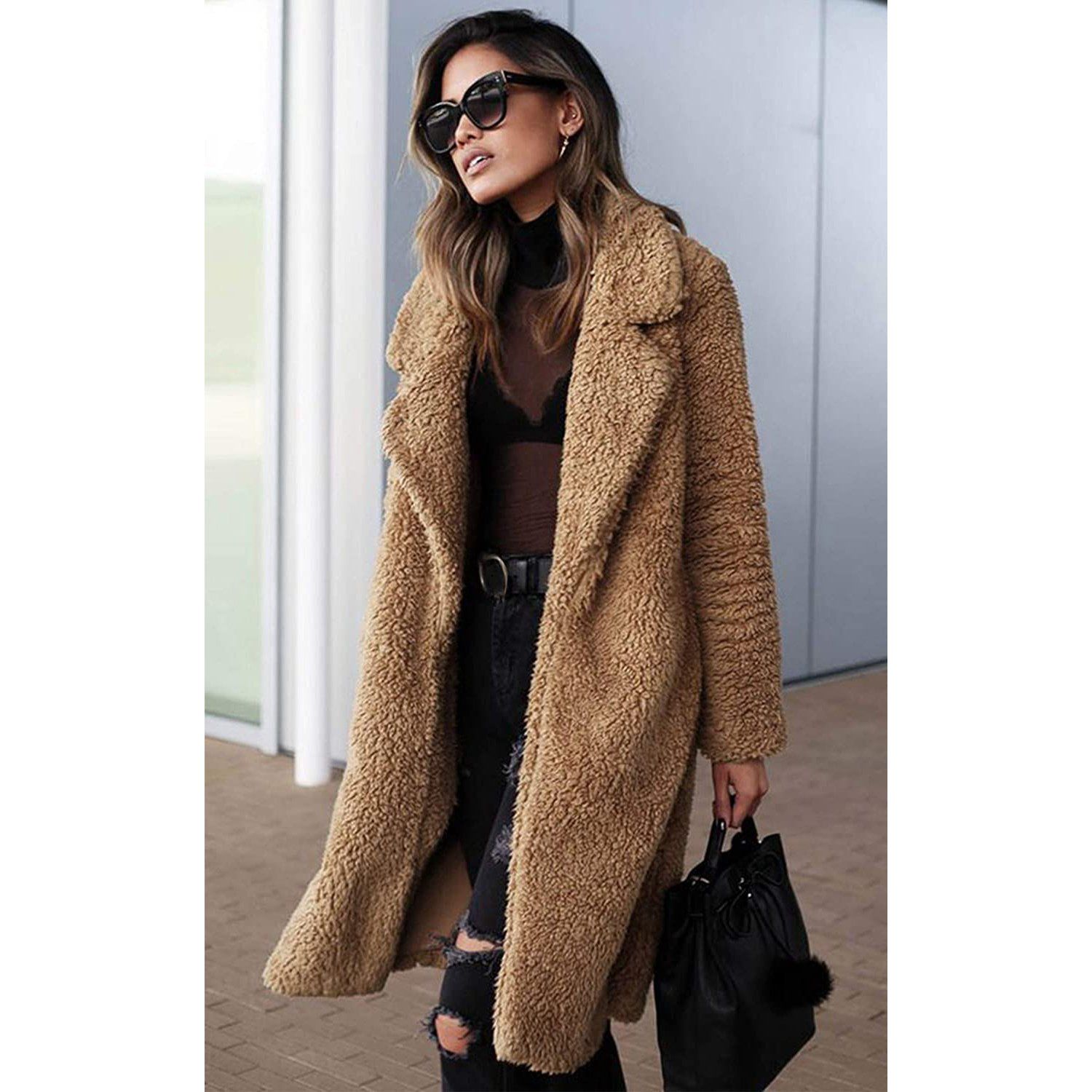 Fuzzy Fleece Lapel Open Front Long Cardigan Coat