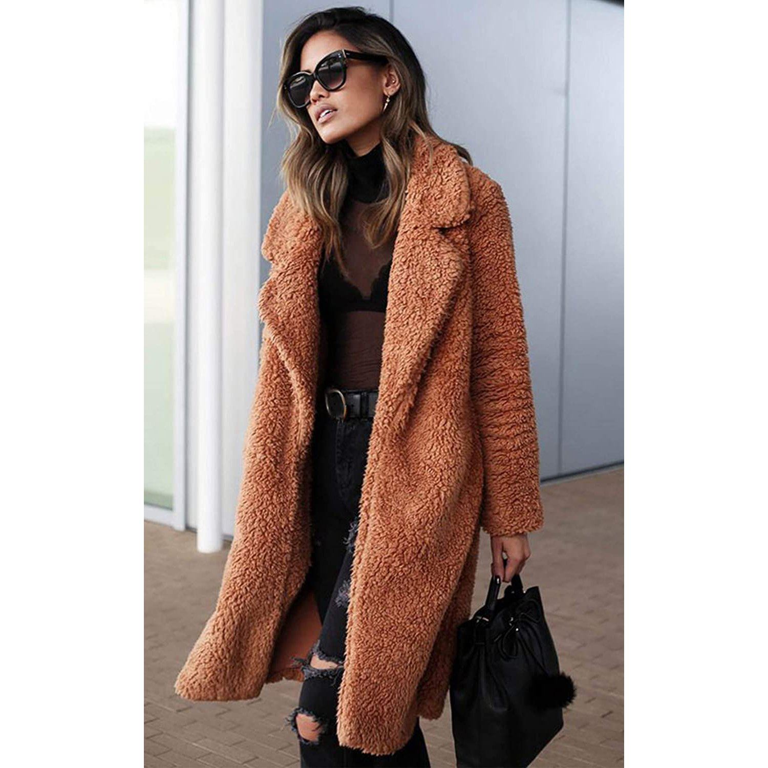Fuzzy Fleece Lapel Open Front Long Cardigan Coat