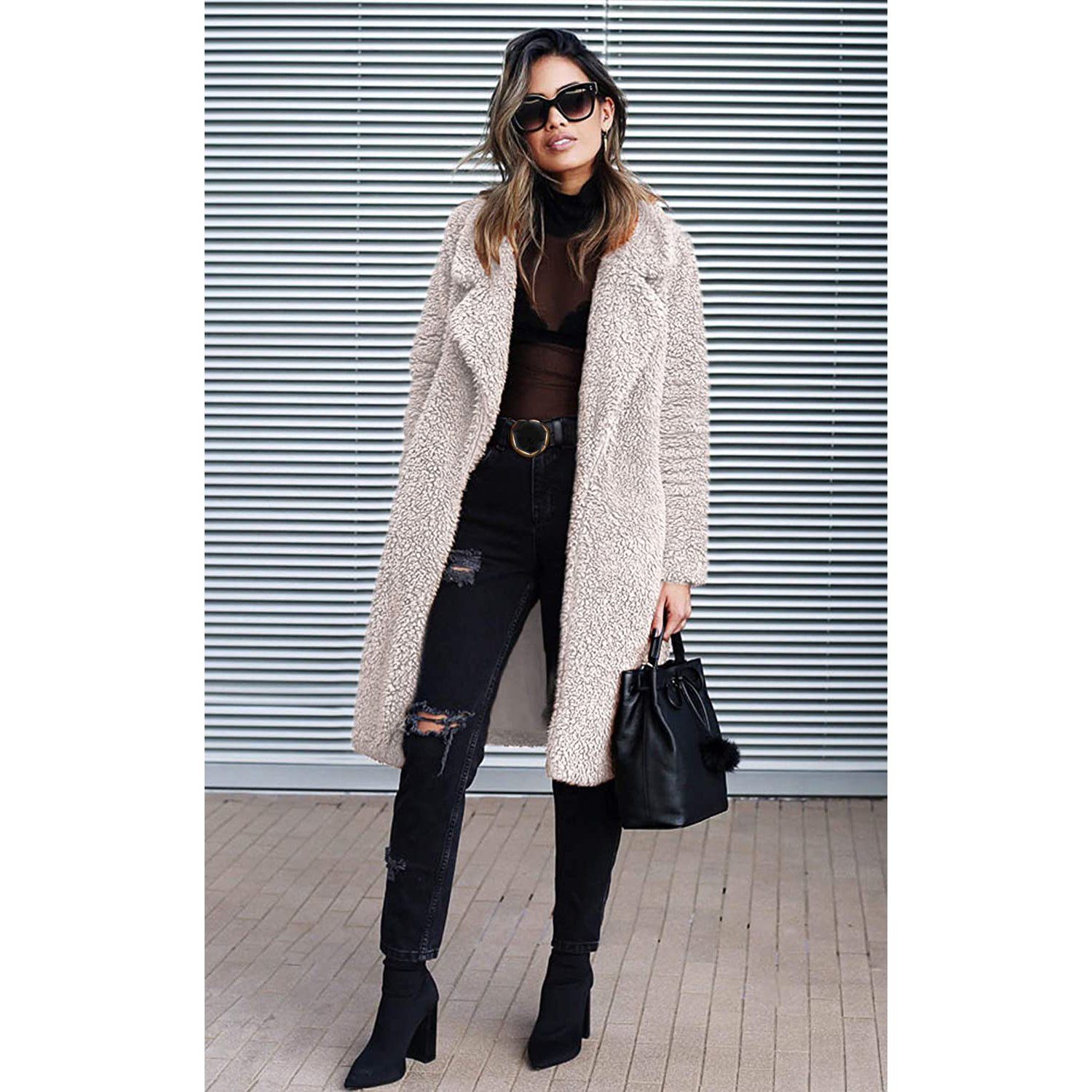 Fuzzy Fleece Lapel Open Front Long Cardigan Coat