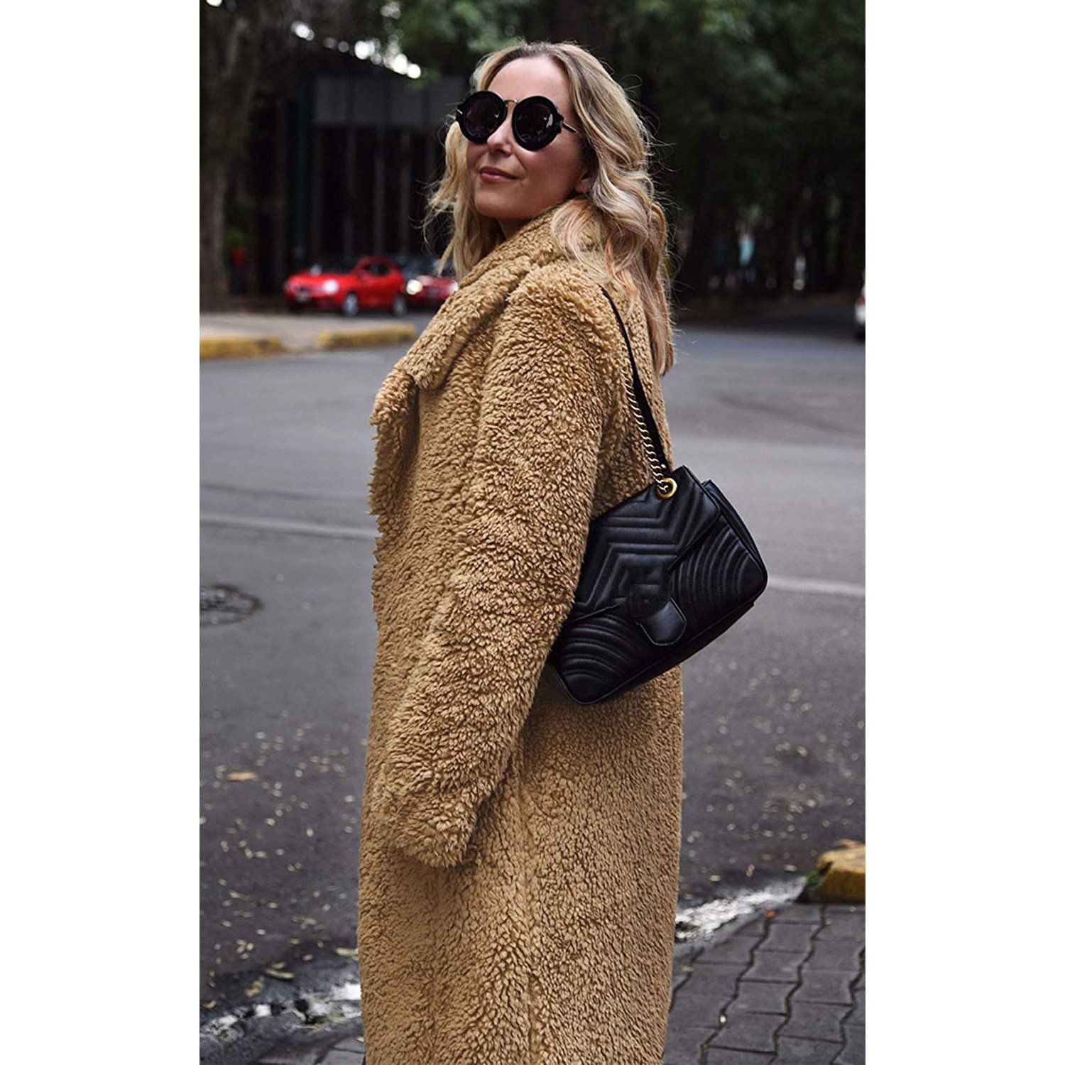 Fuzzy Fleece Lapel Open Front Long Cardigan Coat