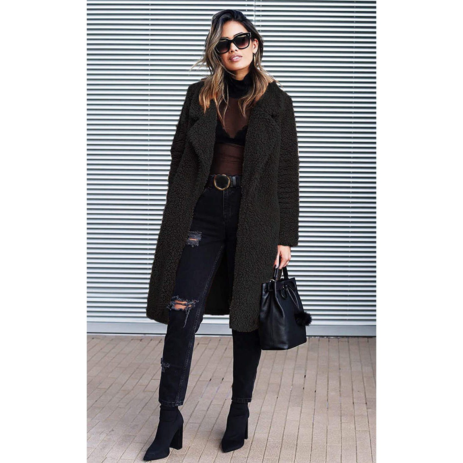 Fuzzy Fleece Lapel Open Front Long Cardigan Coat