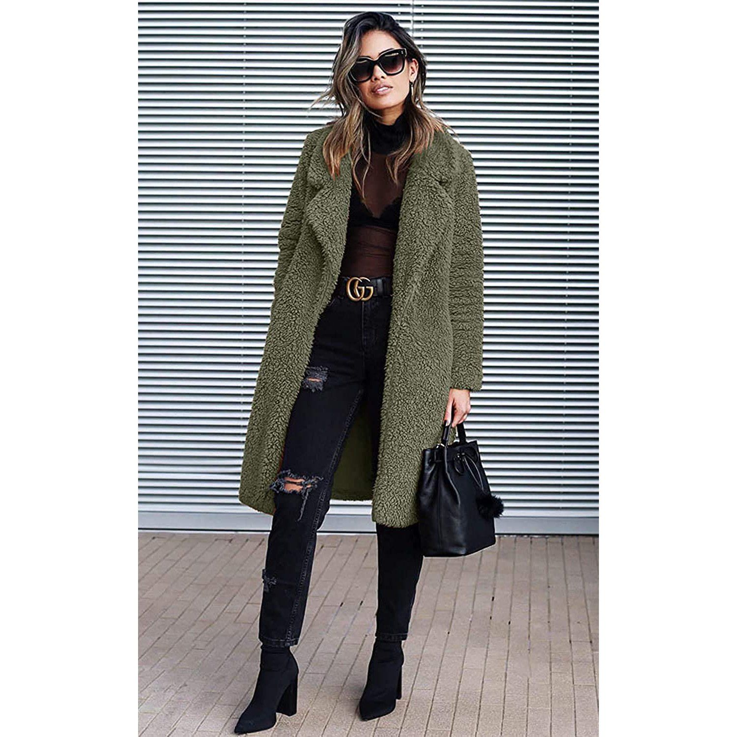 Fuzzy Fleece Lapel Open Front Long Cardigan Coat