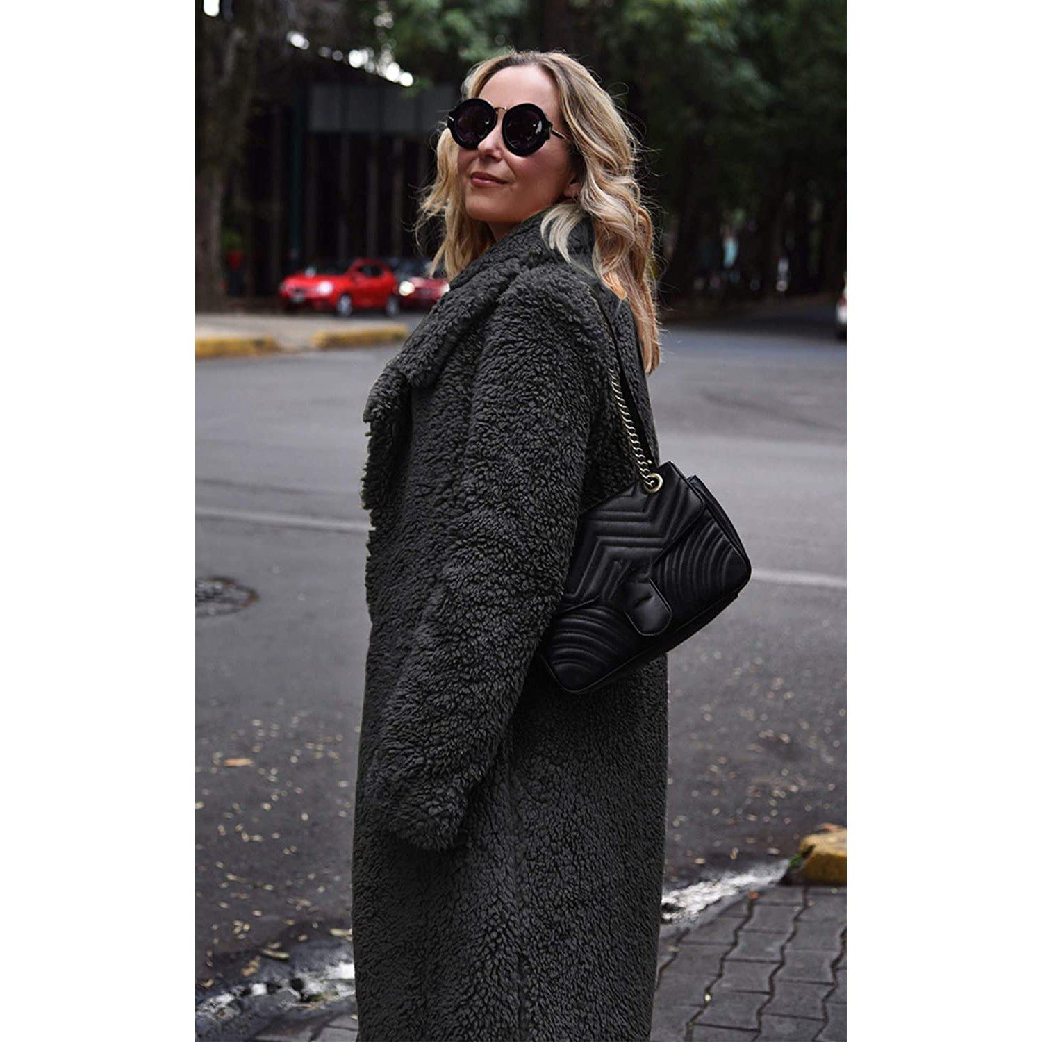 Fuzzy Fleece Lapel Open Front Long Cardigan Coat