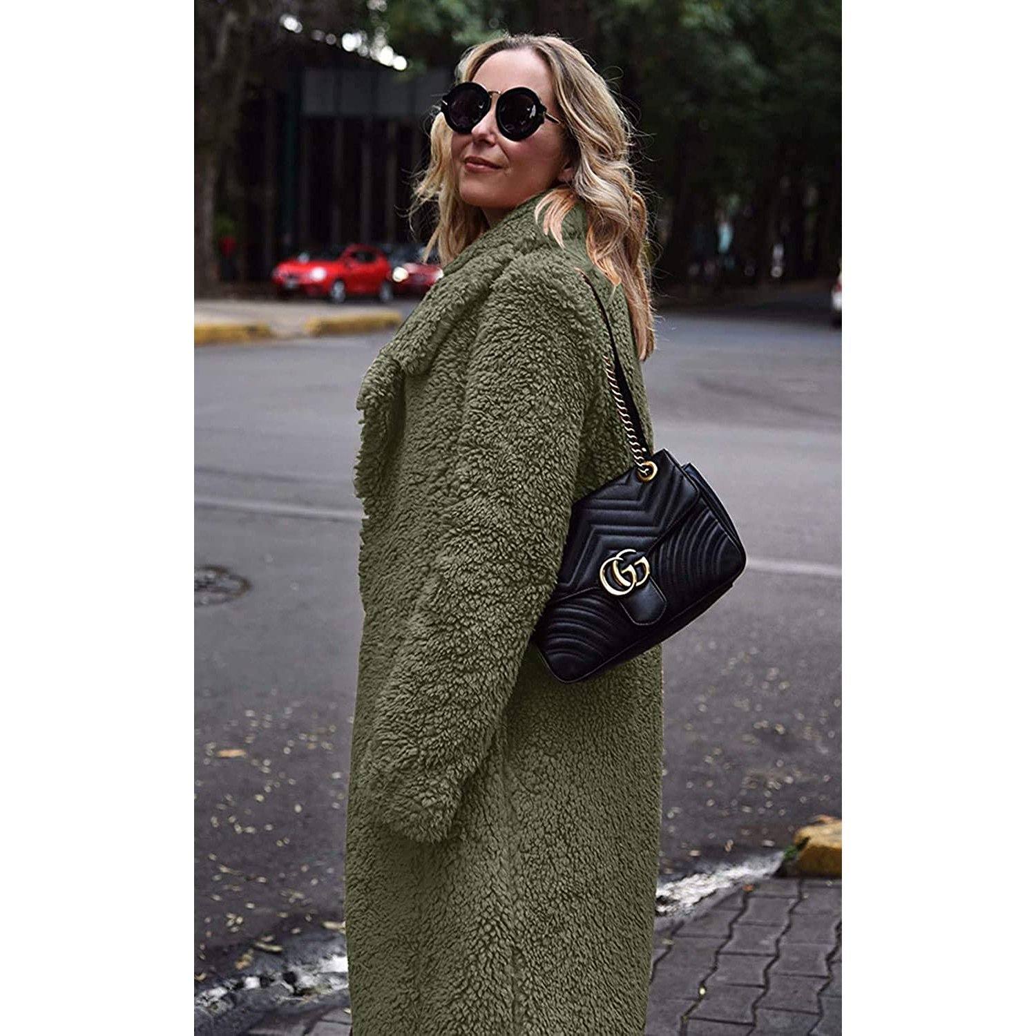 Fuzzy Fleece Lapel Open Front Long Cardigan Coat