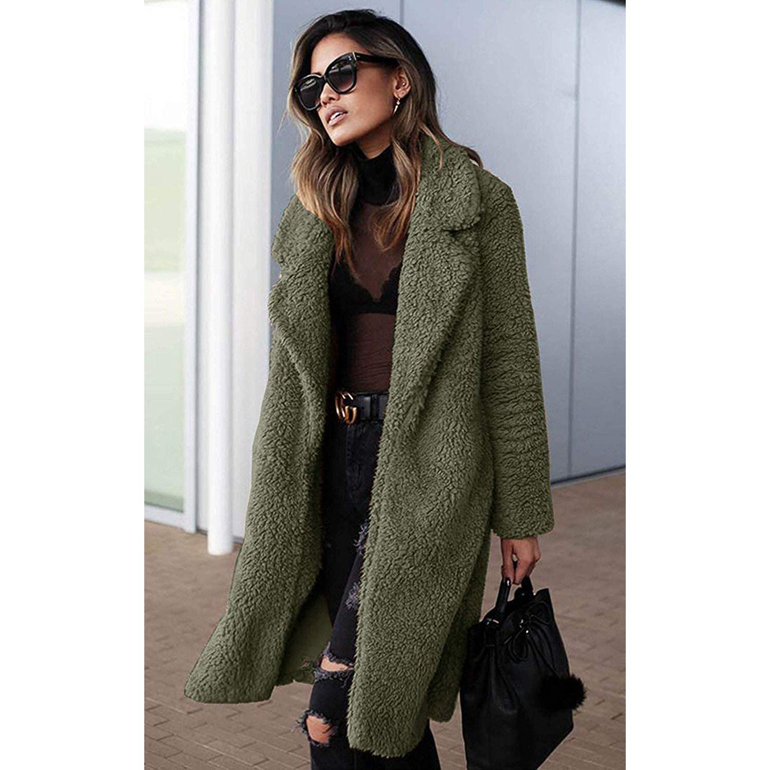 Fuzzy Fleece Lapel Open Front Long Cardigan Coat