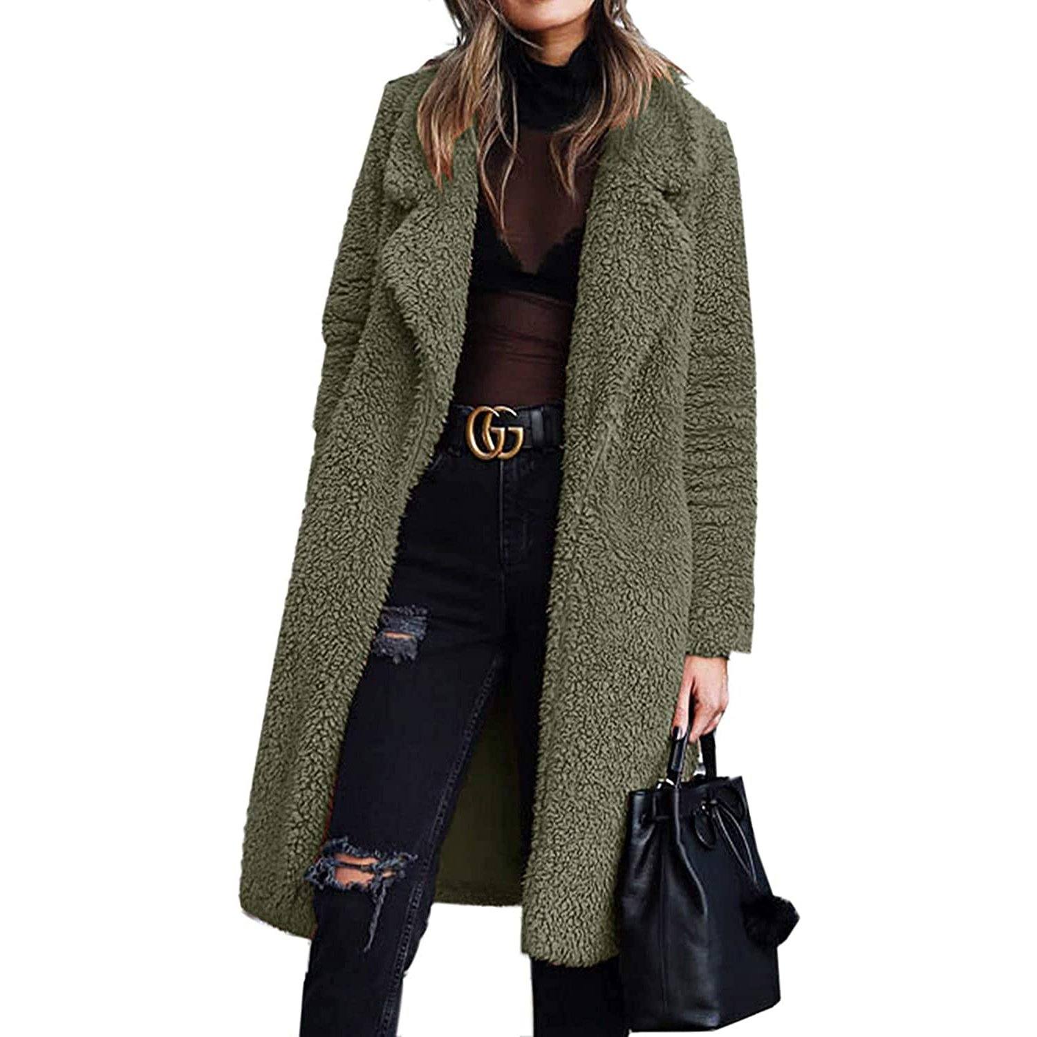 Fuzzy Fleece Lapel Open Front Long Cardigan Coat