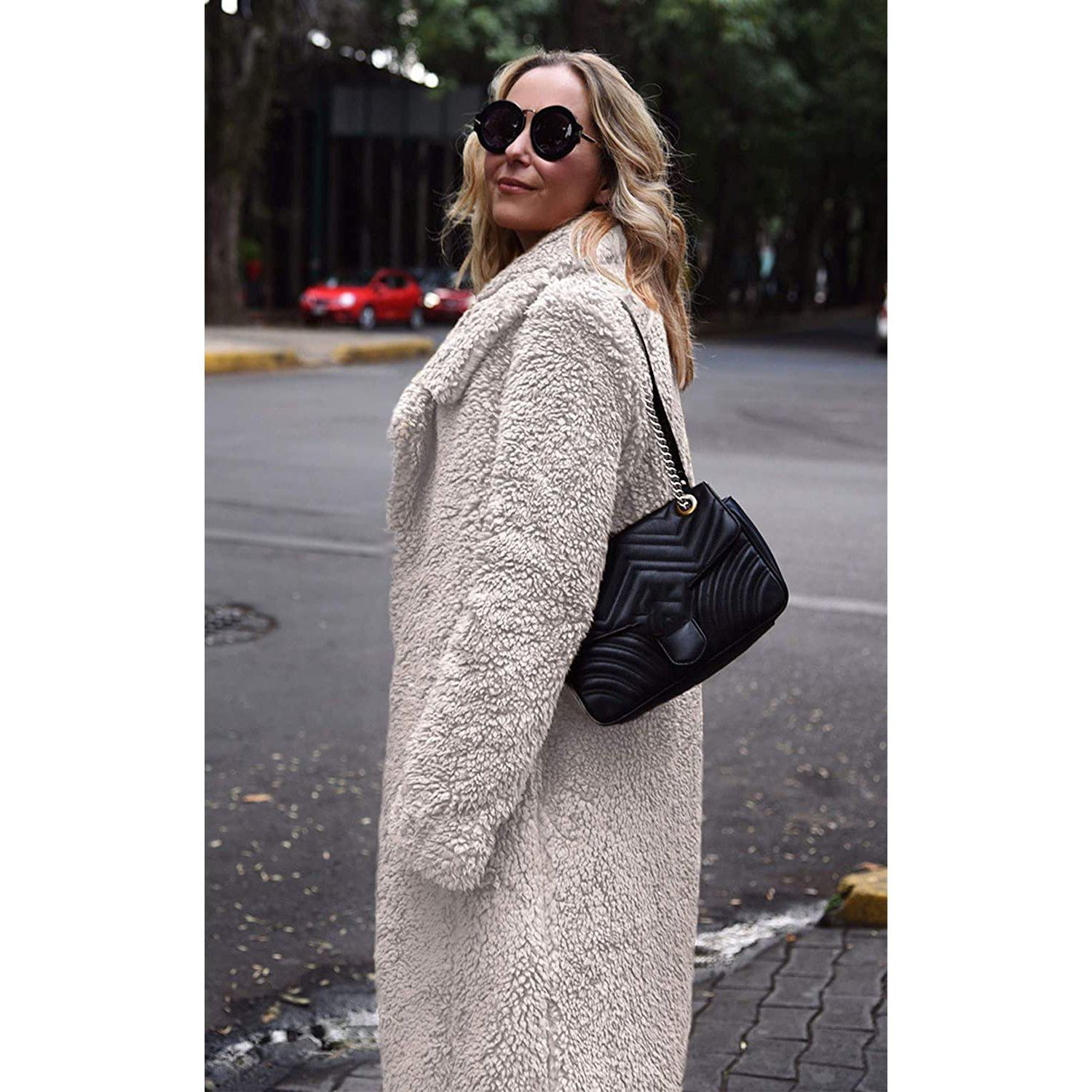 Fuzzy Fleece Lapel Open Front Long Cardigan Coat