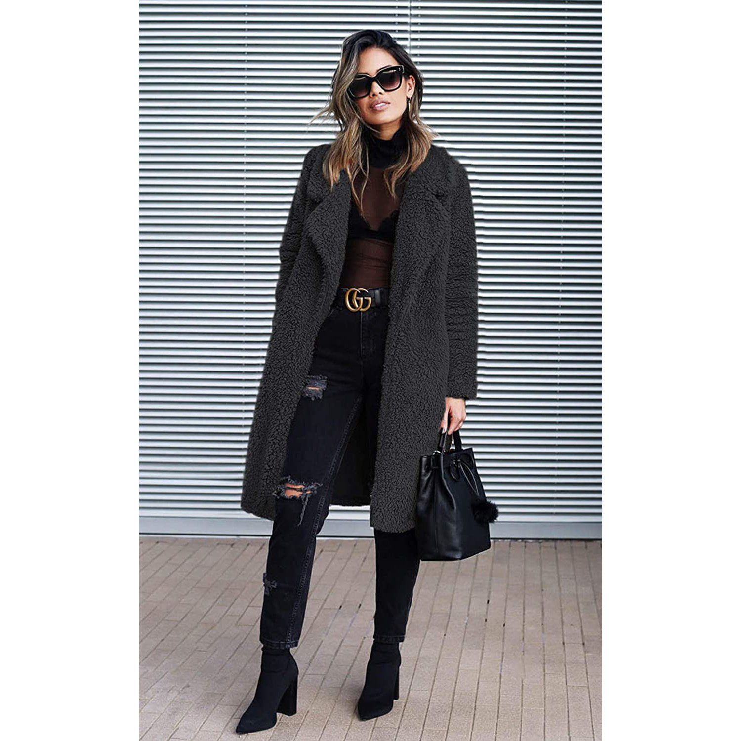 Fuzzy Fleece Lapel Open Front Long Cardigan Coat