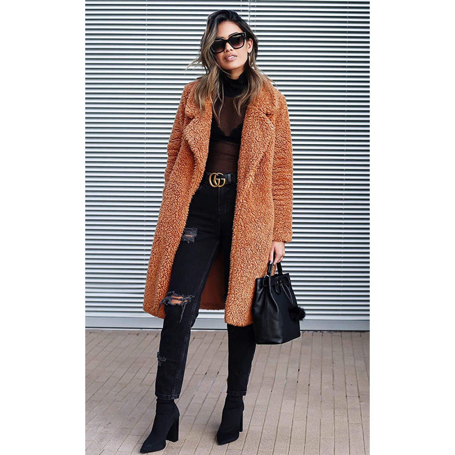 Fuzzy Fleece Lapel Open Front Long Cardigan Coat