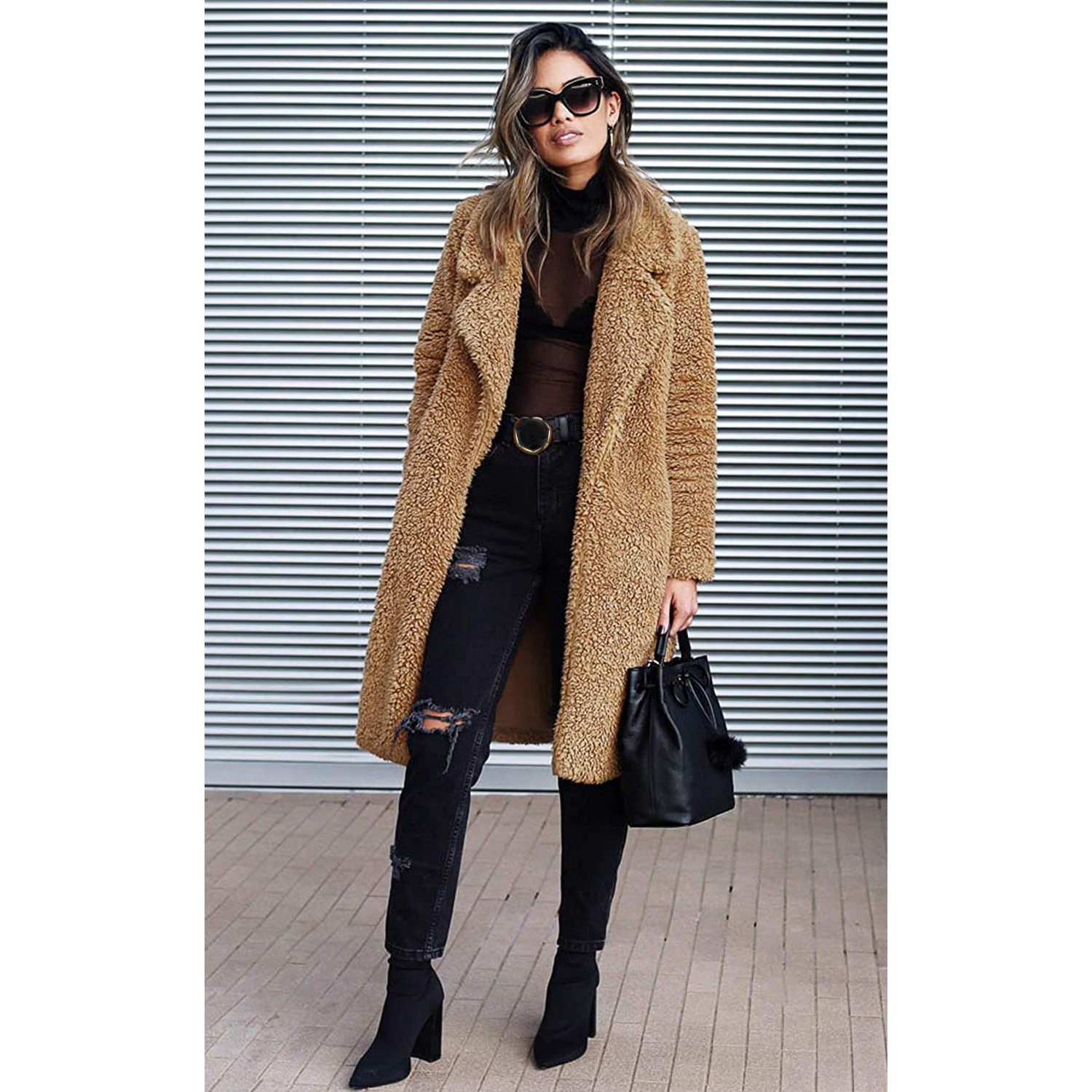 Fuzzy Fleece Lapel Open Front Long Cardigan Coat