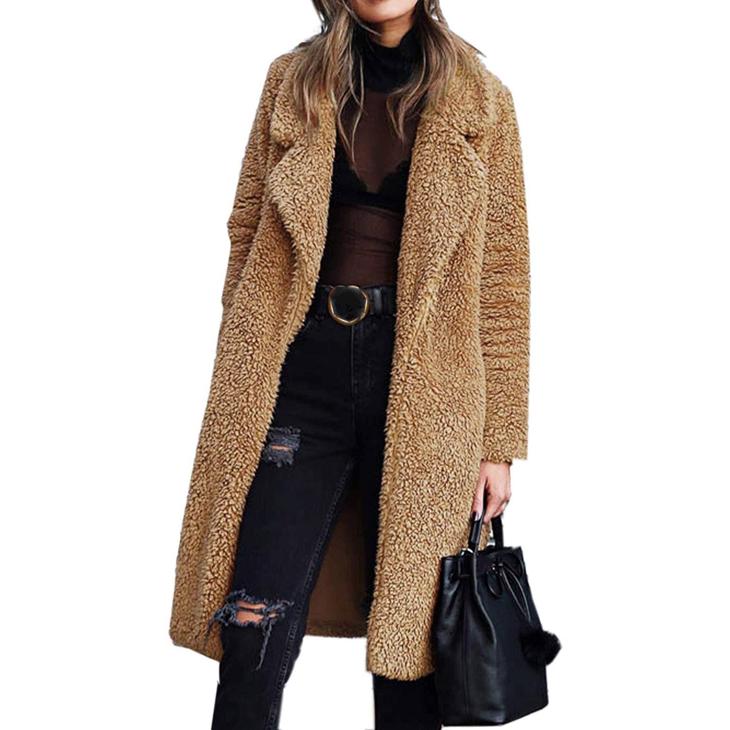 Fuzzy Fleece Lapel Open Front Long Cardigan Coat