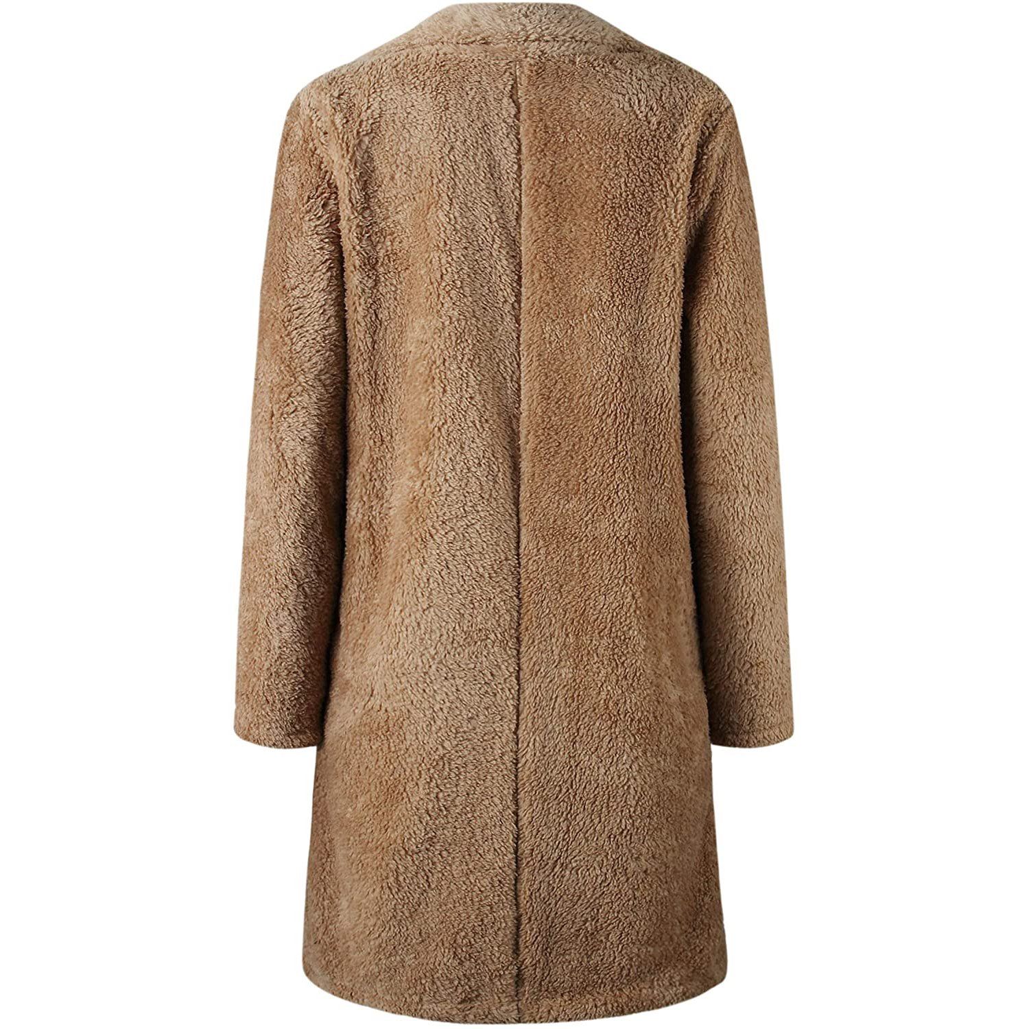 Fuzzy Fleece Lapel Open Front Long Cardigan Coat
