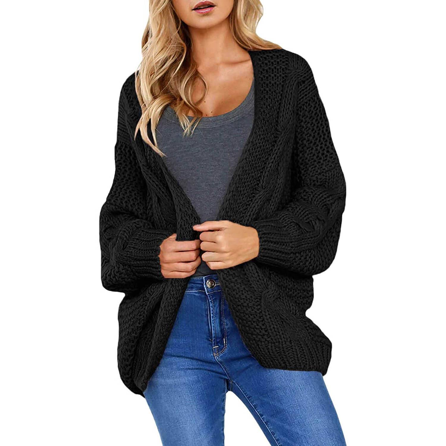 Open Front Long Sleeve Chunky Knit Cardigan Sweaters Loose Outwear Coat