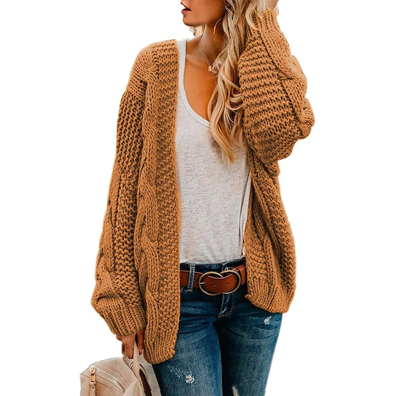 Open Front Long Sleeve Chunky Knit Cardigan Sweaters Loose Outwear Coat