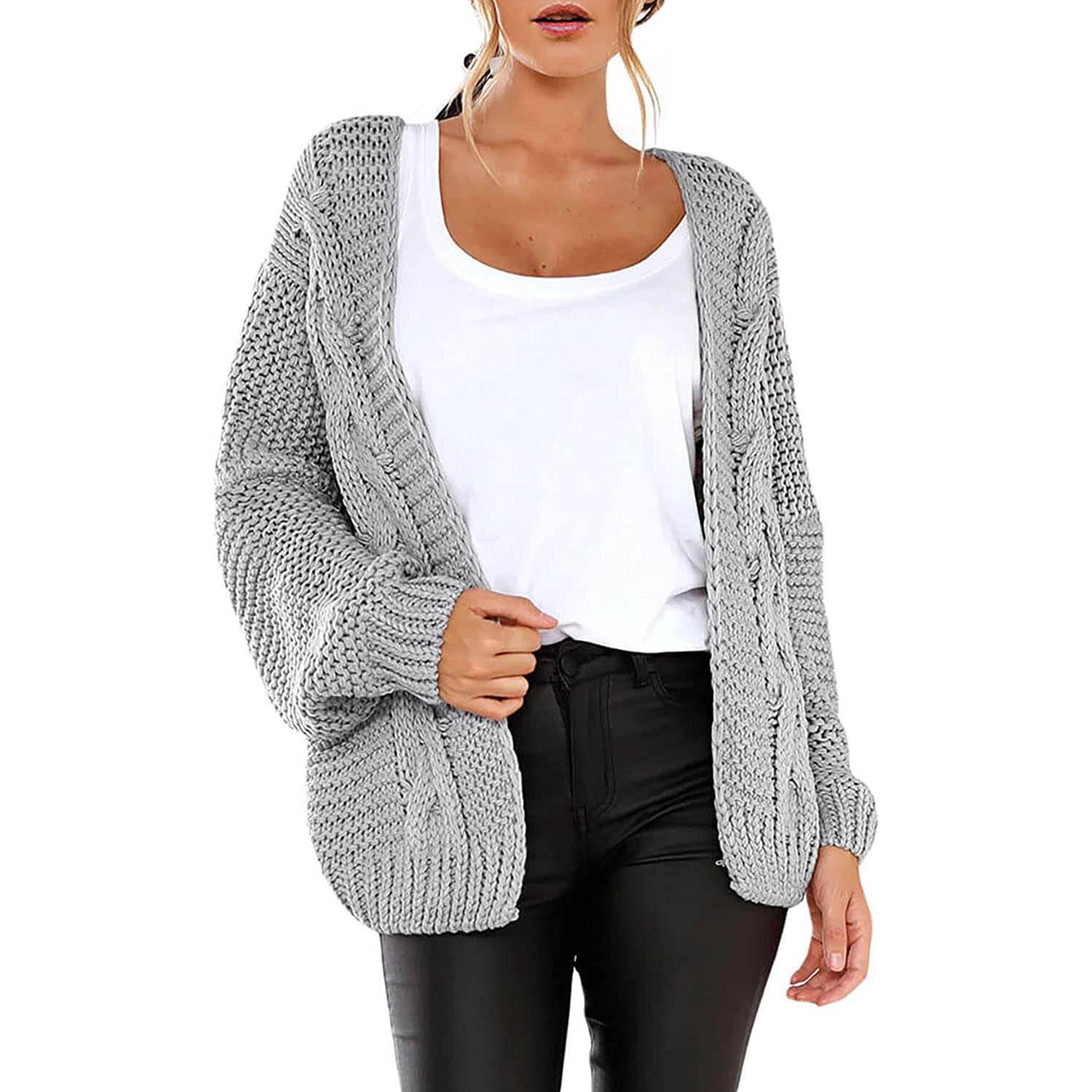 Open Front Long Sleeve Chunky Knit Cardigan Sweaters Loose Outwear Coat
