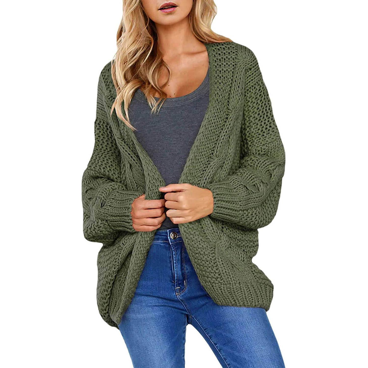 Open Front Long Sleeve Chunky Knit Cardigan Sweaters Loose Outwear Coat