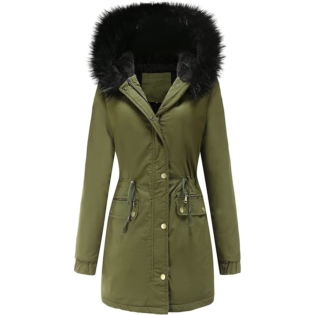 Winter Coat Warm Thick Black Fleece Lined Wide Furry Hood Parka