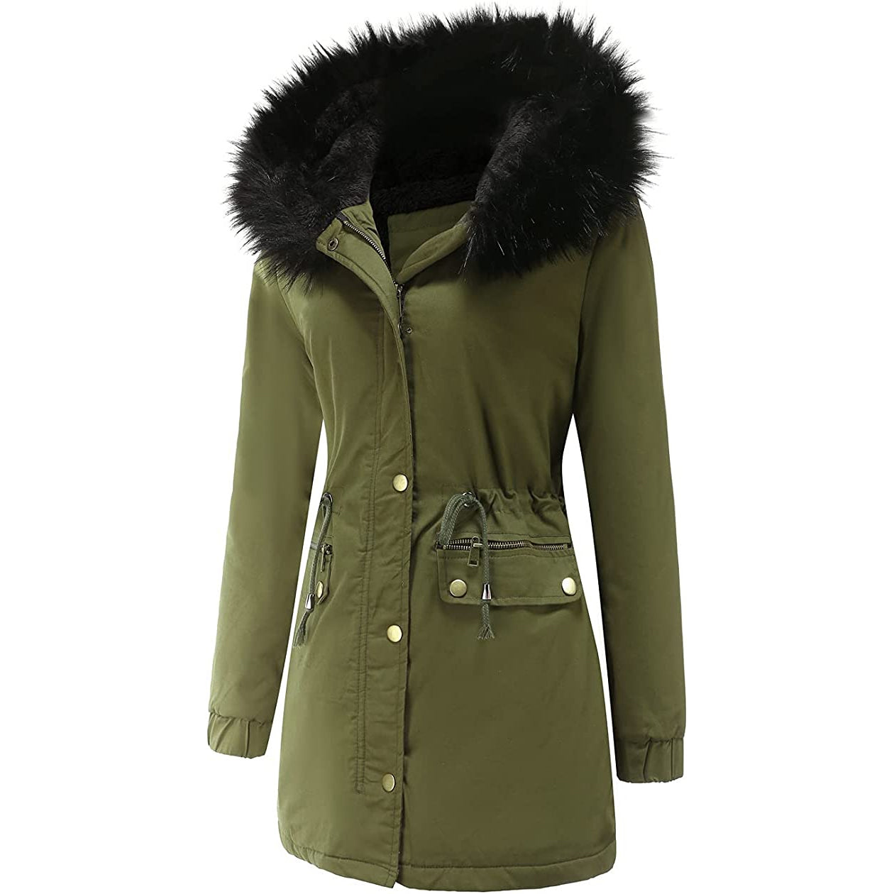 Winter Coat Warm Thick Black Fleece Lined Wide Furry Hood Parka