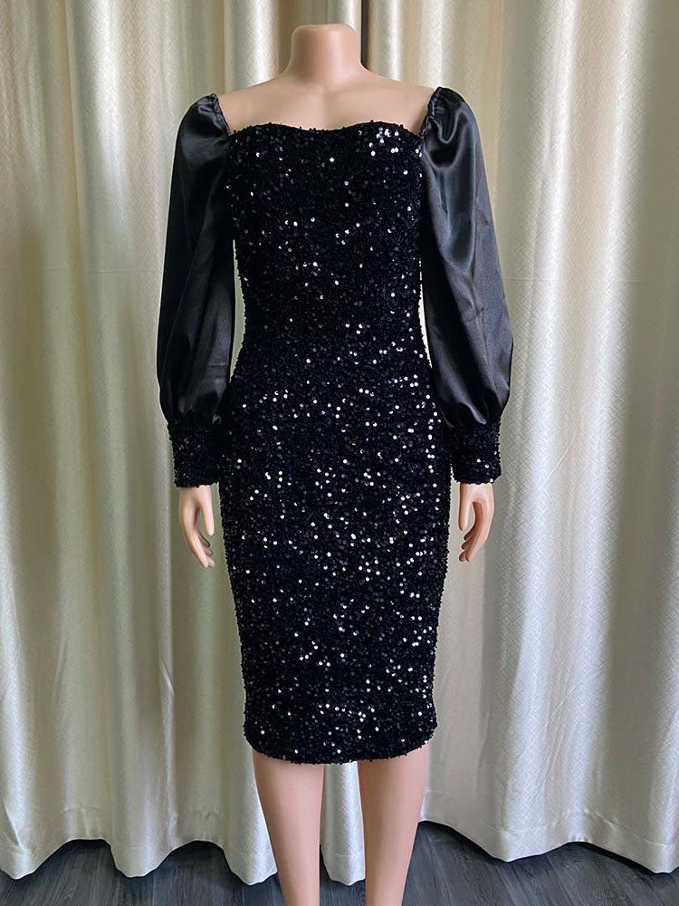 Puffy Sleeve Sequin Midi Dress