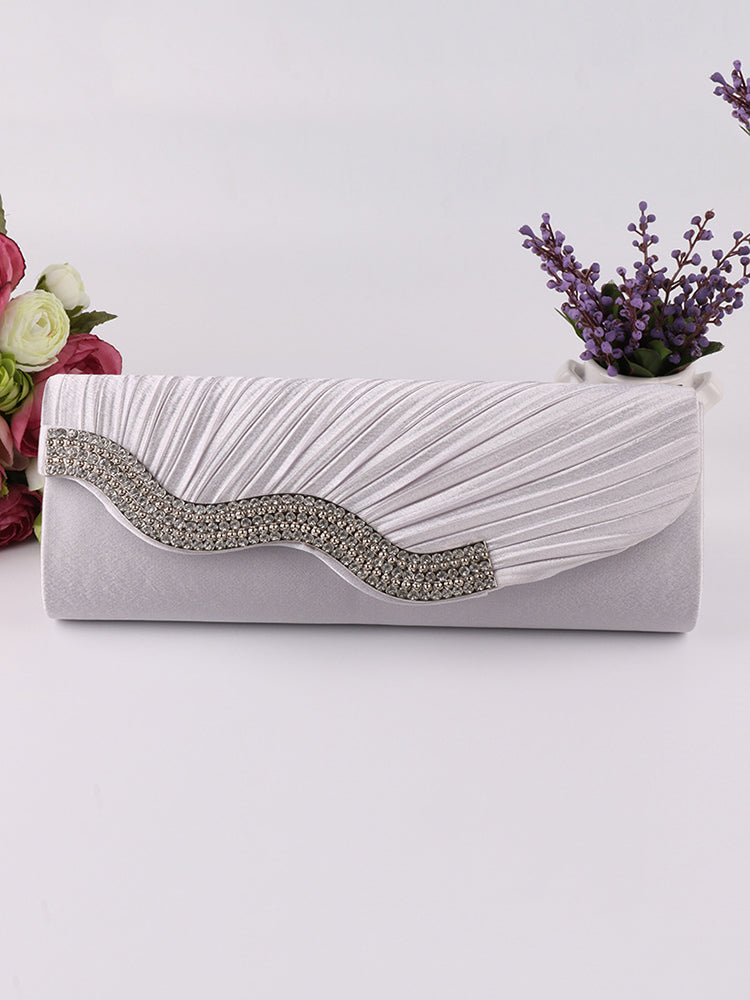 Solid Rhinestone Pleated Handbag Clutch