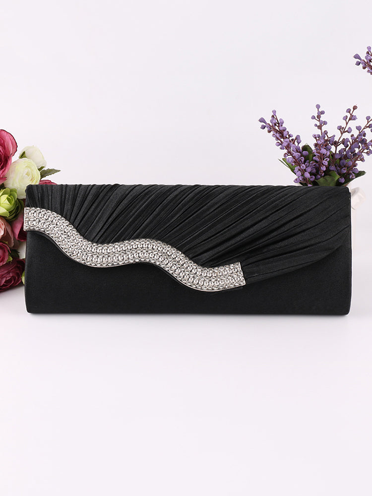 Solid Rhinestone Pleated Handbag Clutch