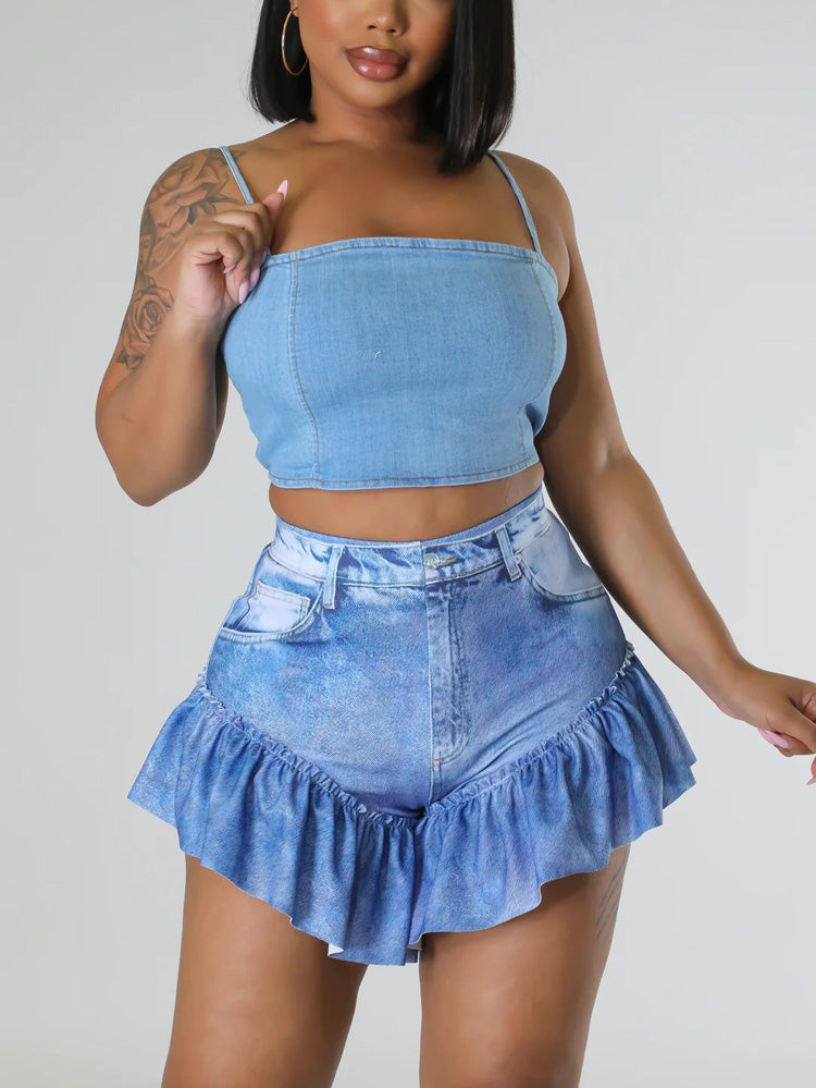 Ruffle Hem Denim Shorts